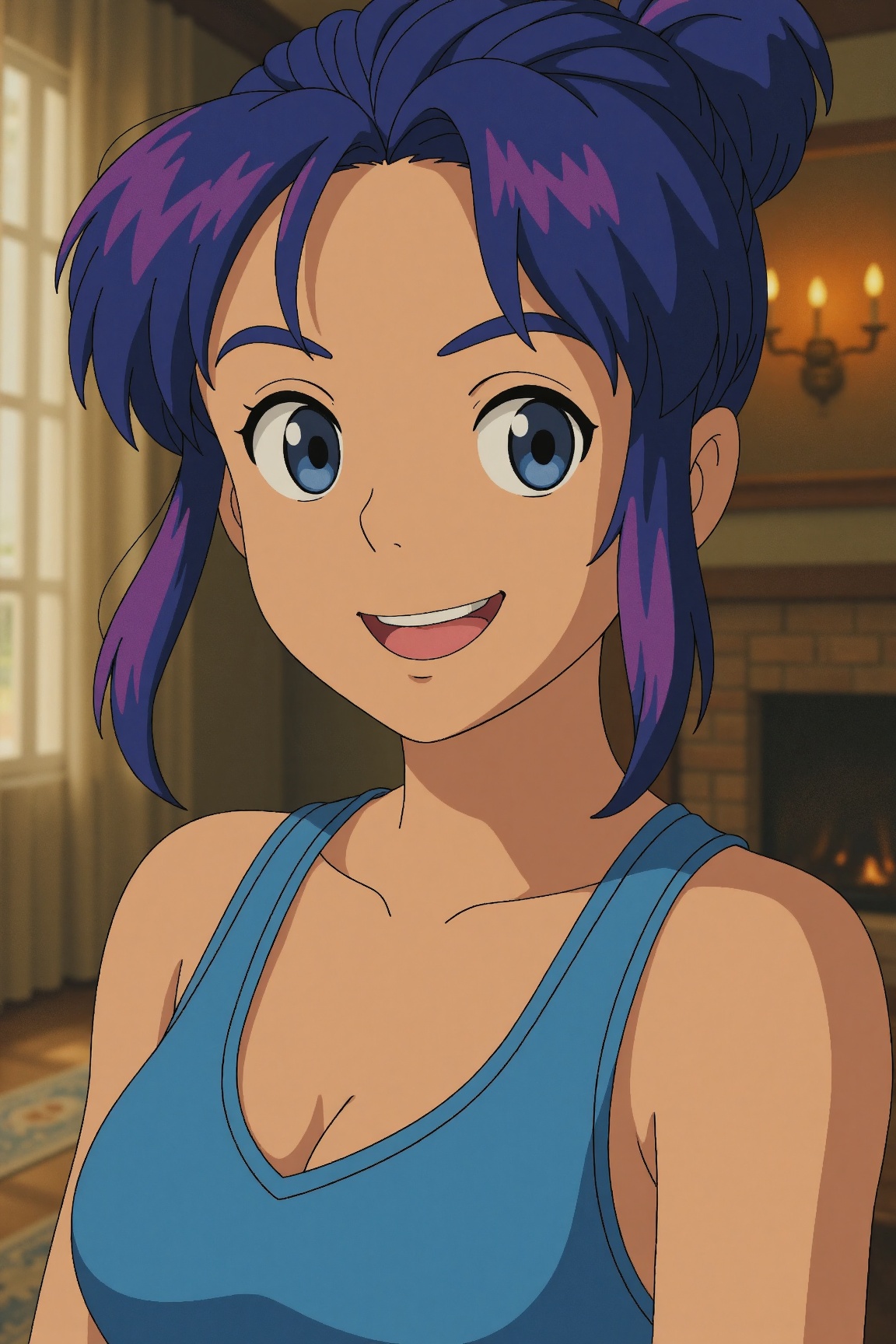 Ghibli Style,  A stunning close-up portrait of a young woman with vibrant blue and purple hair styled in a messy bun. Her...