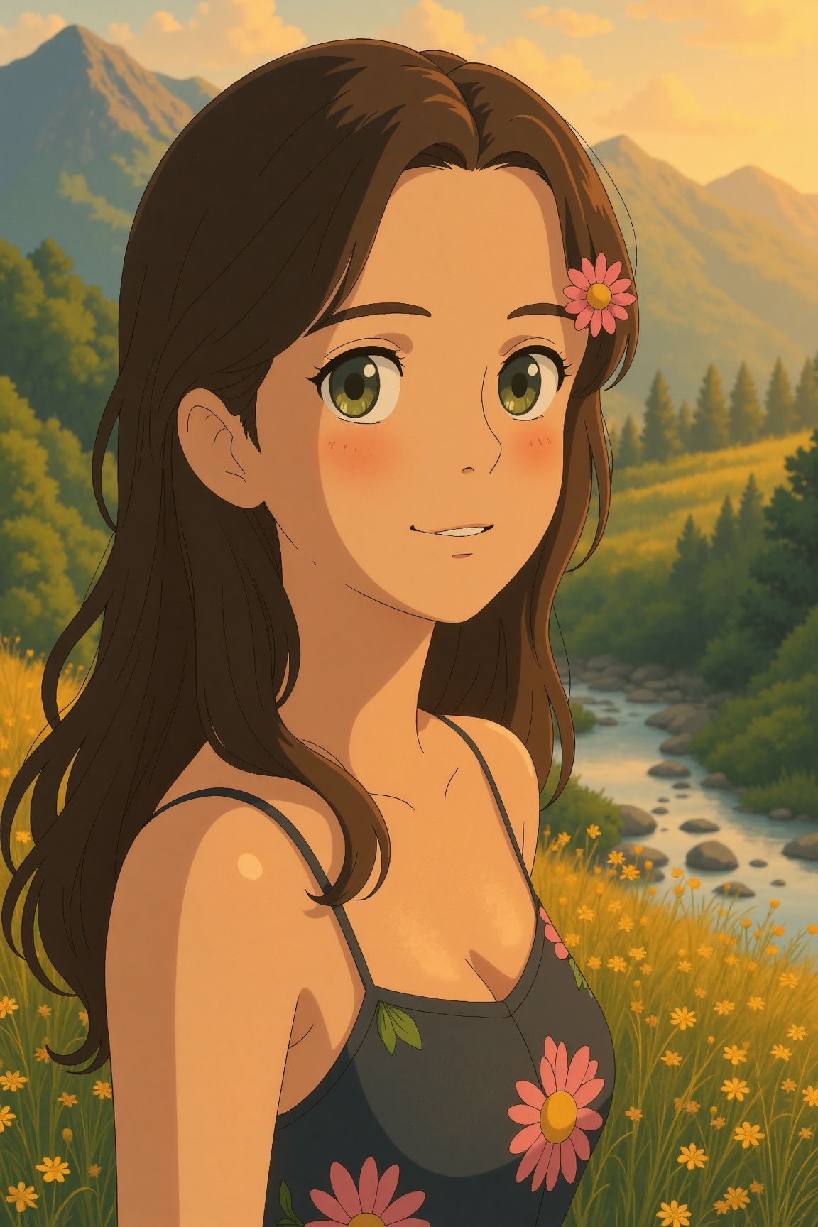 Ghibli Style,  a young woman with soft,  sun-kissed skin and natural freckles on Tensor.Art