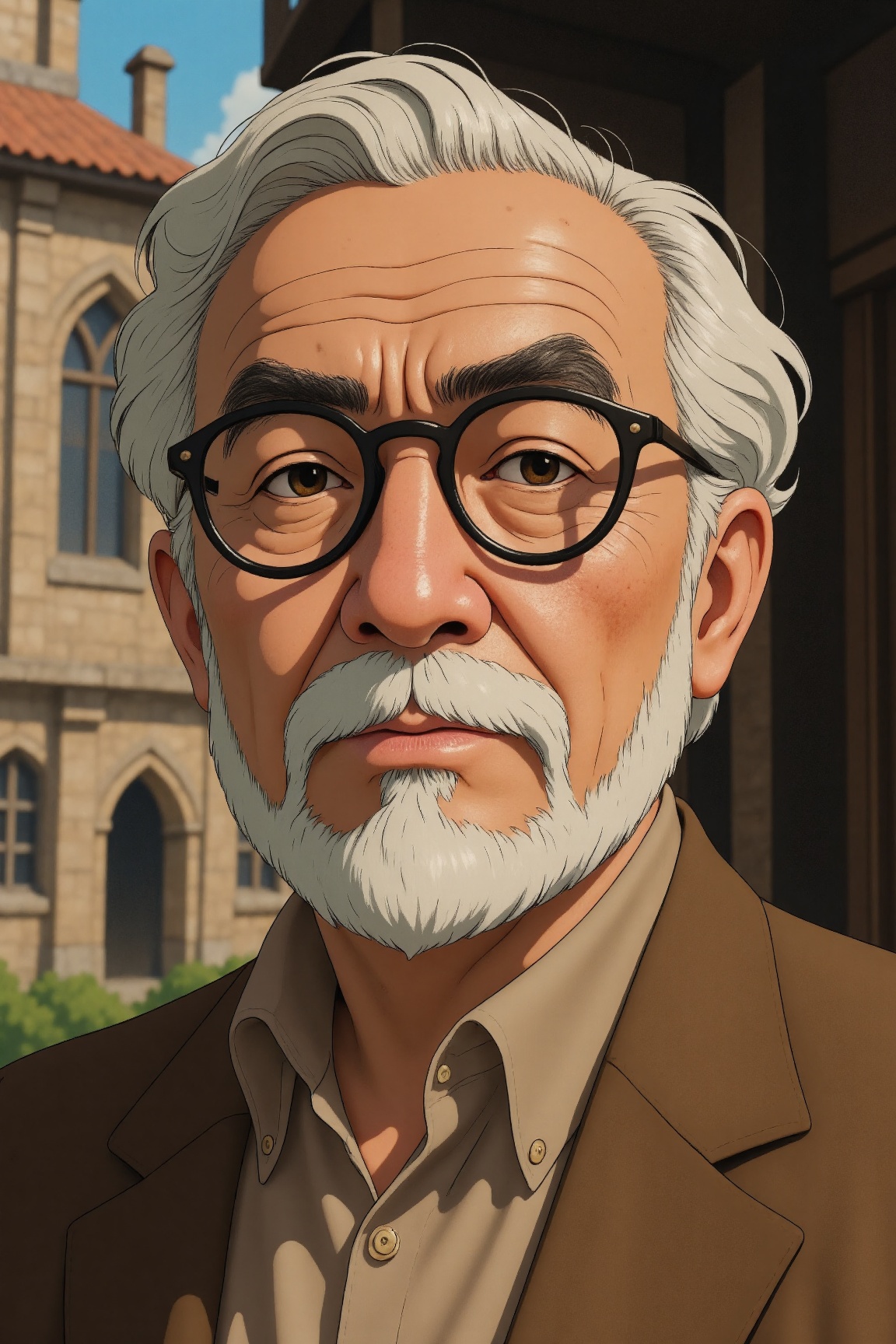 Ghibli Style,  Hyper-realistic portrait of an elderly man with a contemplative expression,  deep wrinkles on Tensor.Art