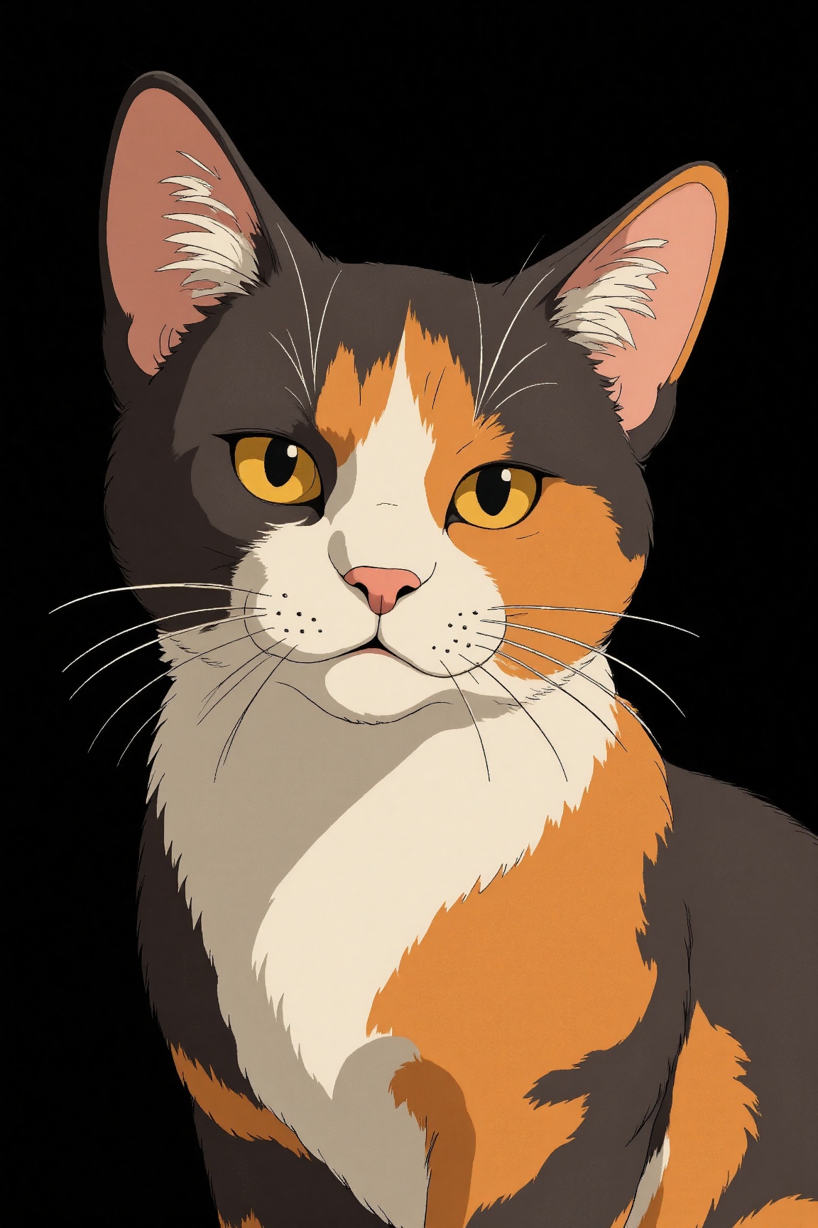 Ghibli Style,  A detailed close-up portrait of a calico cat. The cat's fur is a combination of black,  orange on Tensor.Art