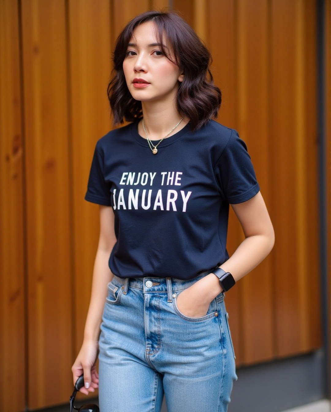 The image shows a young woman walking outdoors. She is wearing a navy blue t-shirt with the text "ENJOY THE JANUARY" print...