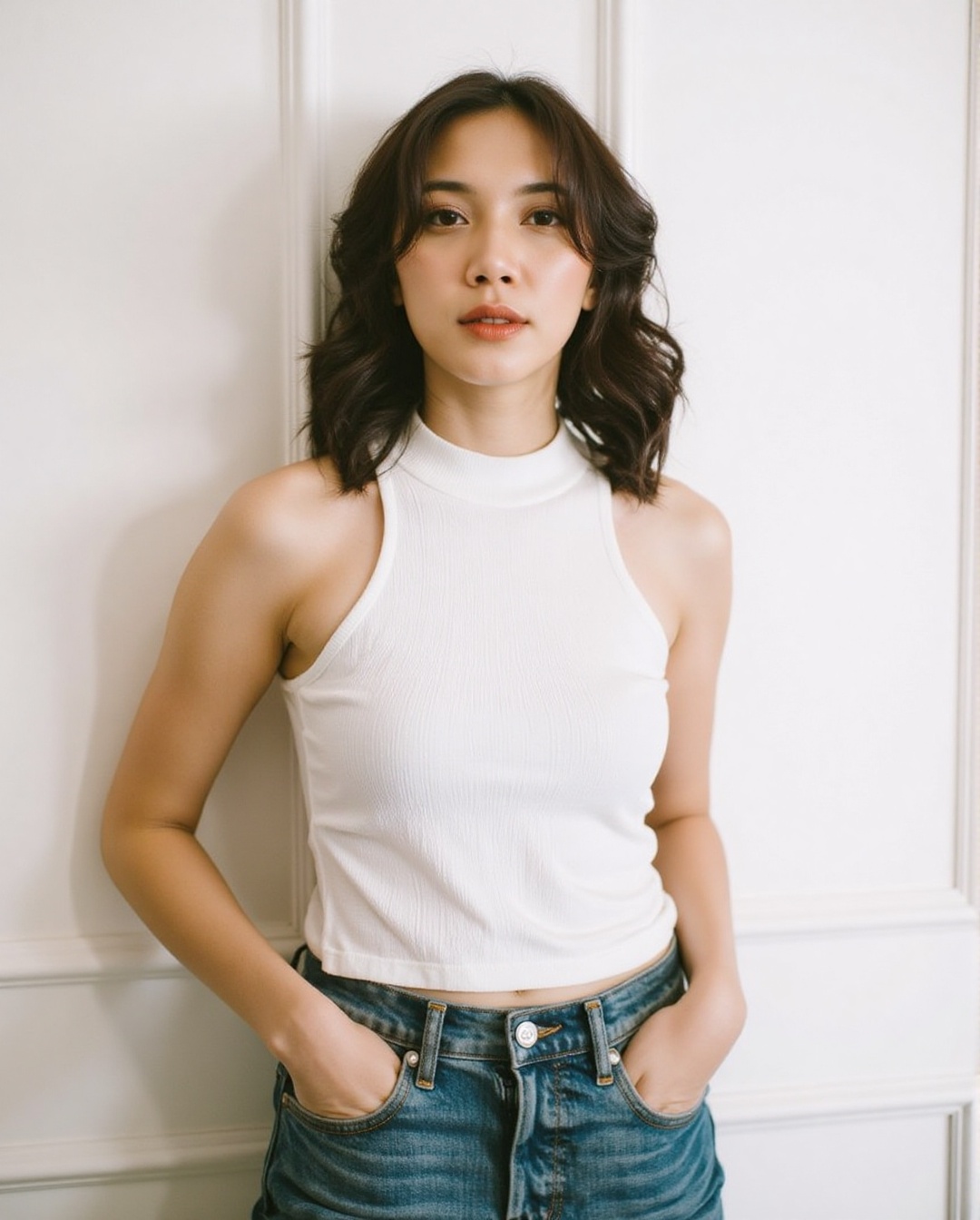 The image shows a young woman standing against a white,  paneled wall. She is wearing a thin,  tight sleeveless on Tensor.Art