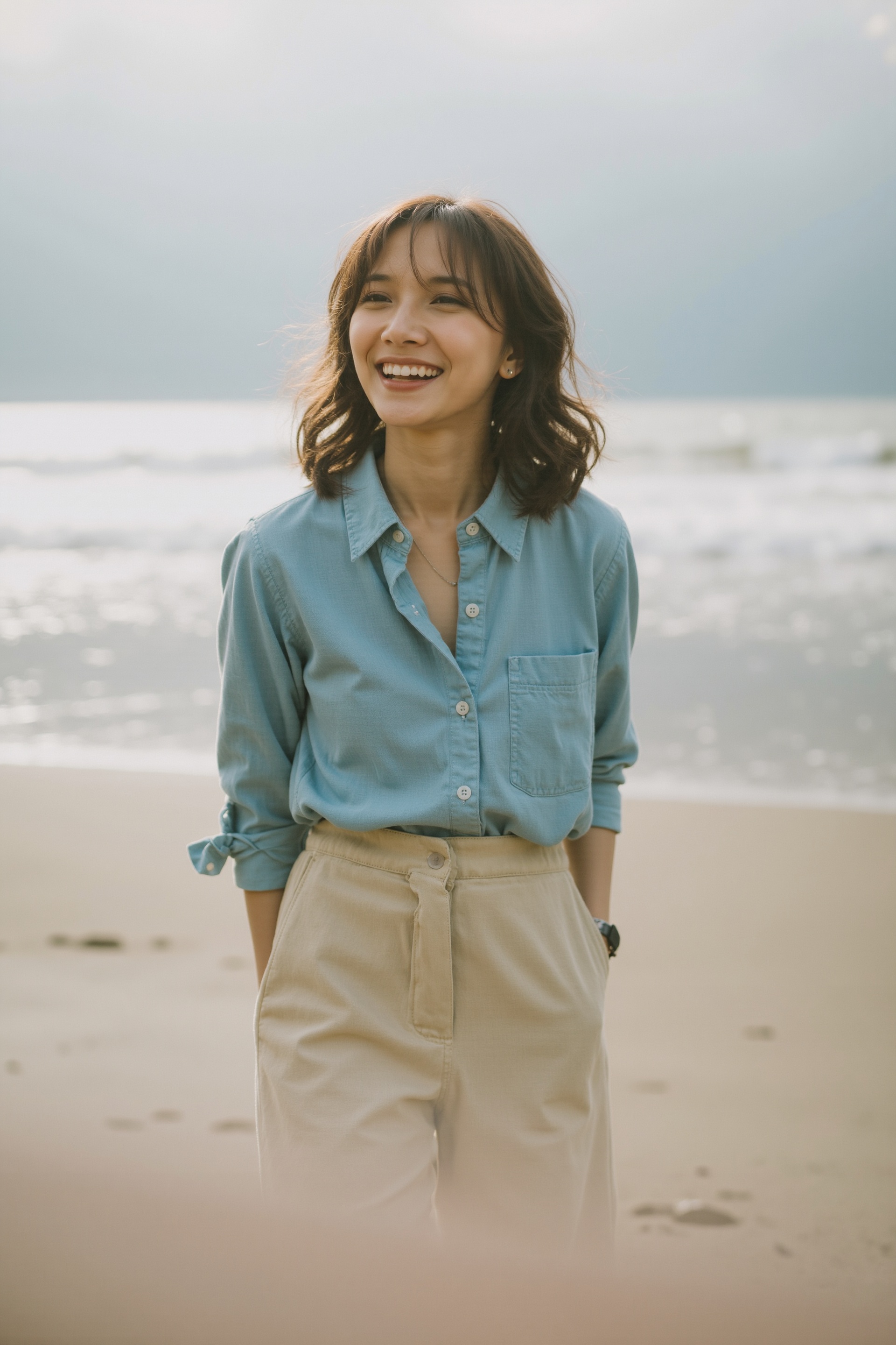 A carefree girl sits on the sandy edge of the beach,  her blue sleveless shirt and beige shorts a perfect match for the se...