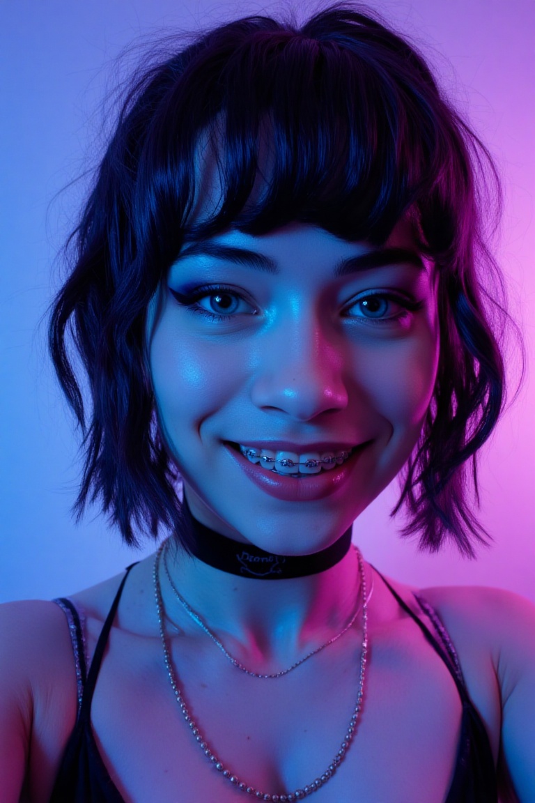 a movie poster: Nichameleon with disheveled short hair and bangs,  choker,  winged eyeliner on Tensor.Art