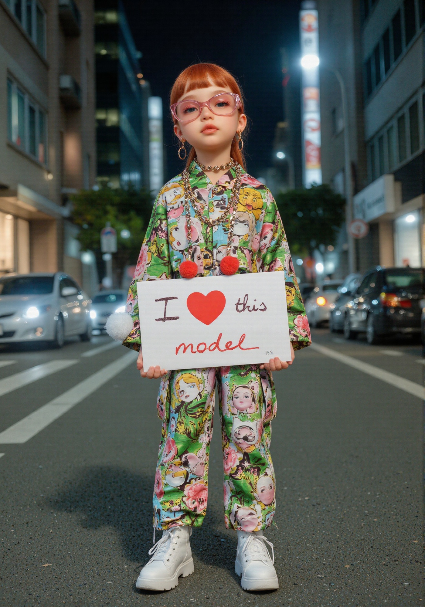 Street fashion photography taken on an urban street in Tokyo at night,  with a 5-year-old model standing in the center of...