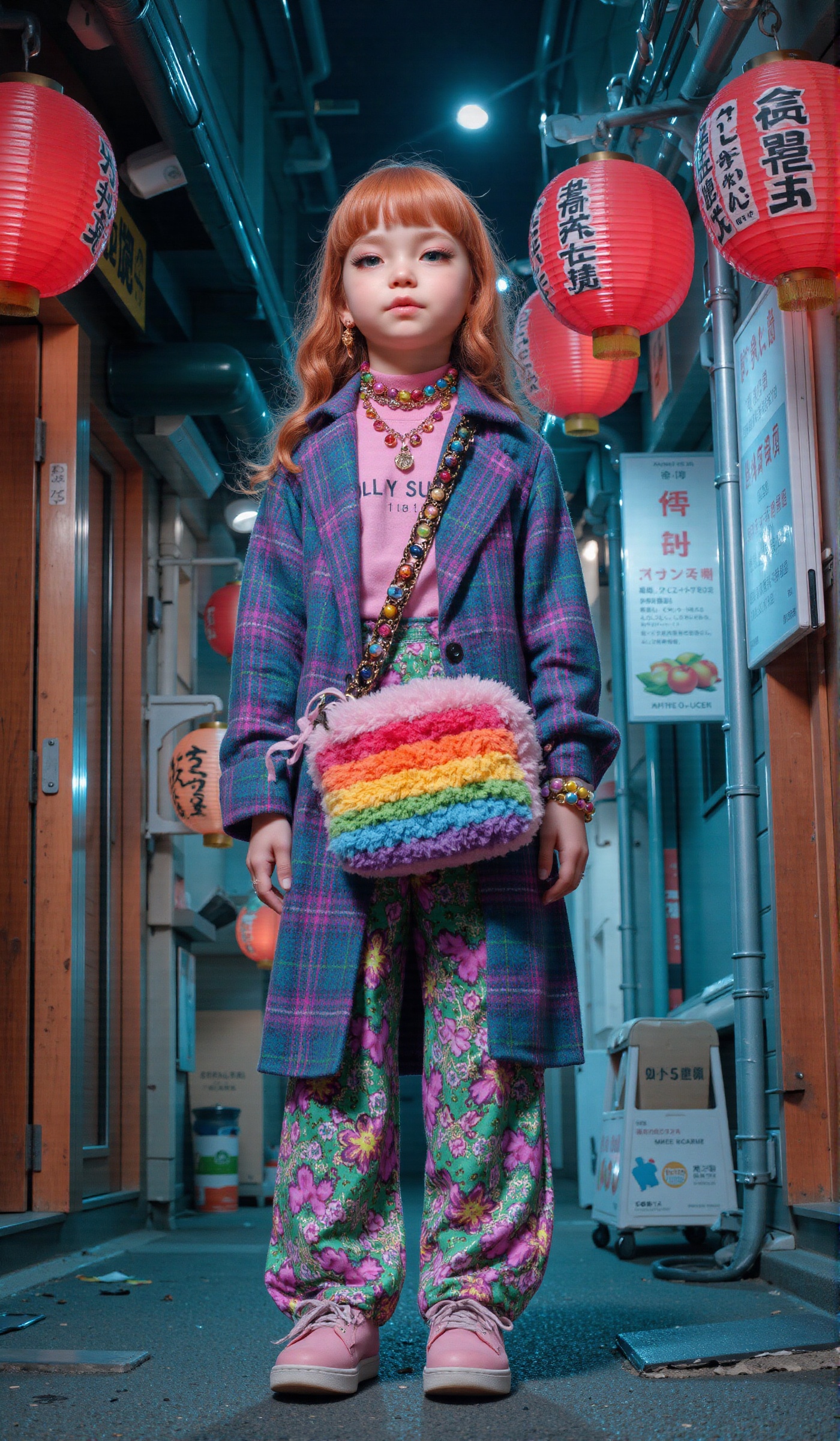 Street fashion photography taken on an urban street in Tokyo at night,  featuring a 5-year-old model standing in the cente...