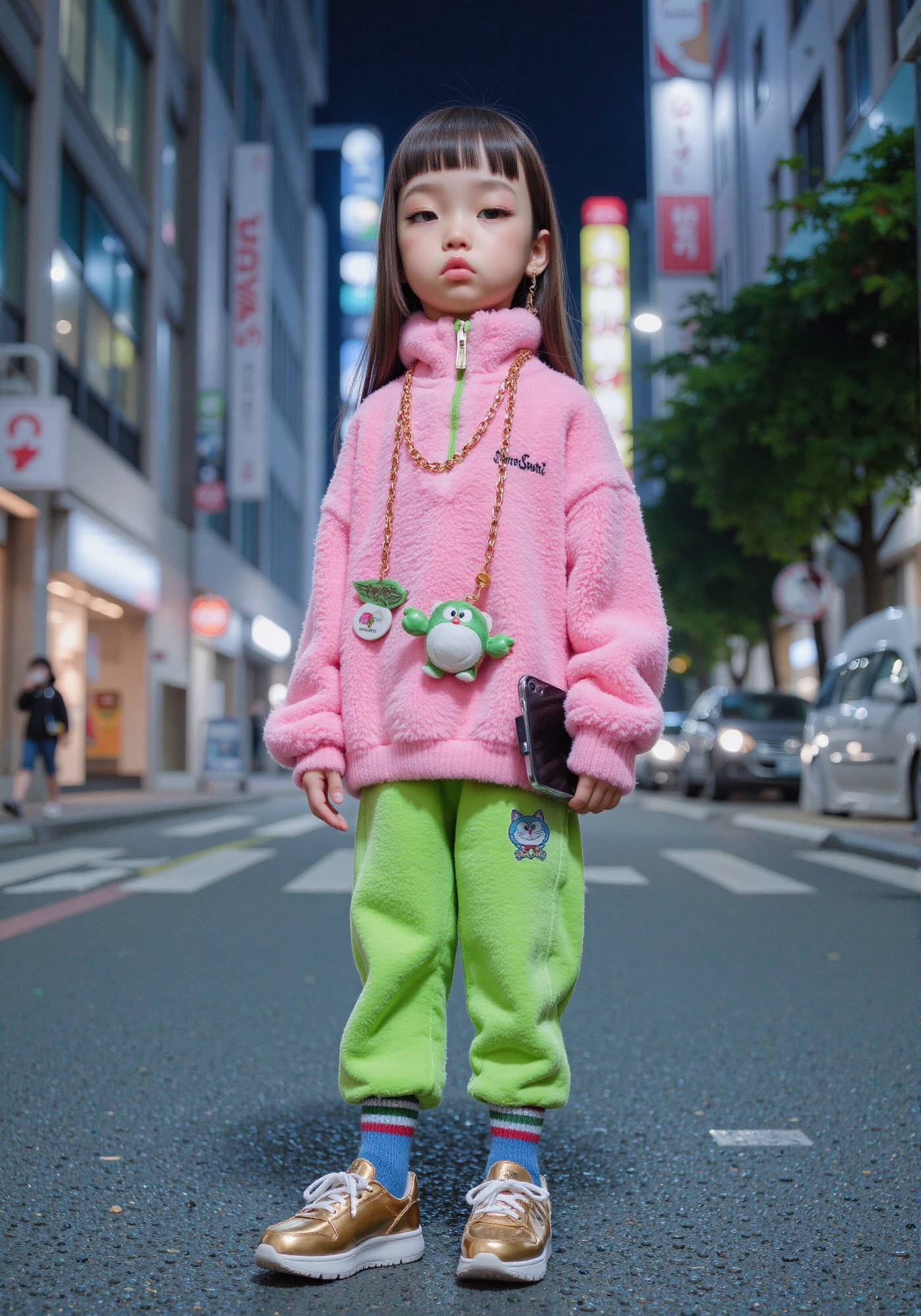 Street fashion photography taken on an urban street in Tokyo at night,  with a 5-year-old model standing in the center of...