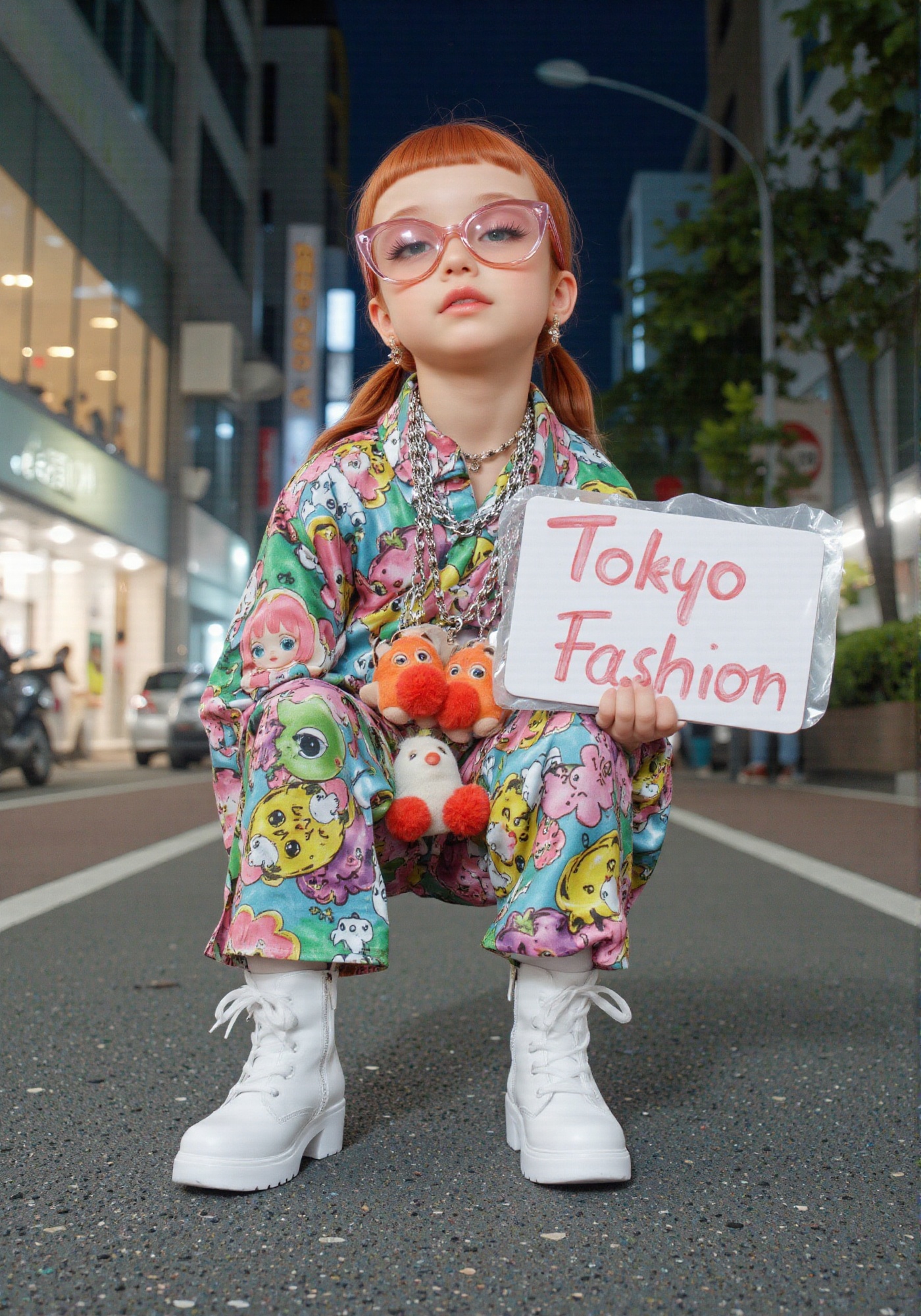 Street fashion photography taken on an urban street in Tokyo at night,  with a 5-year-old model squating in the center of...