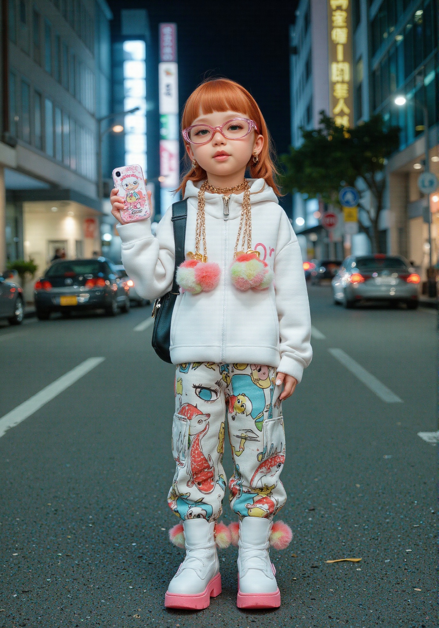 Street fashion photography taken on an urban street in Tokyo at night,  with a 5-year-old model standing in the center of...