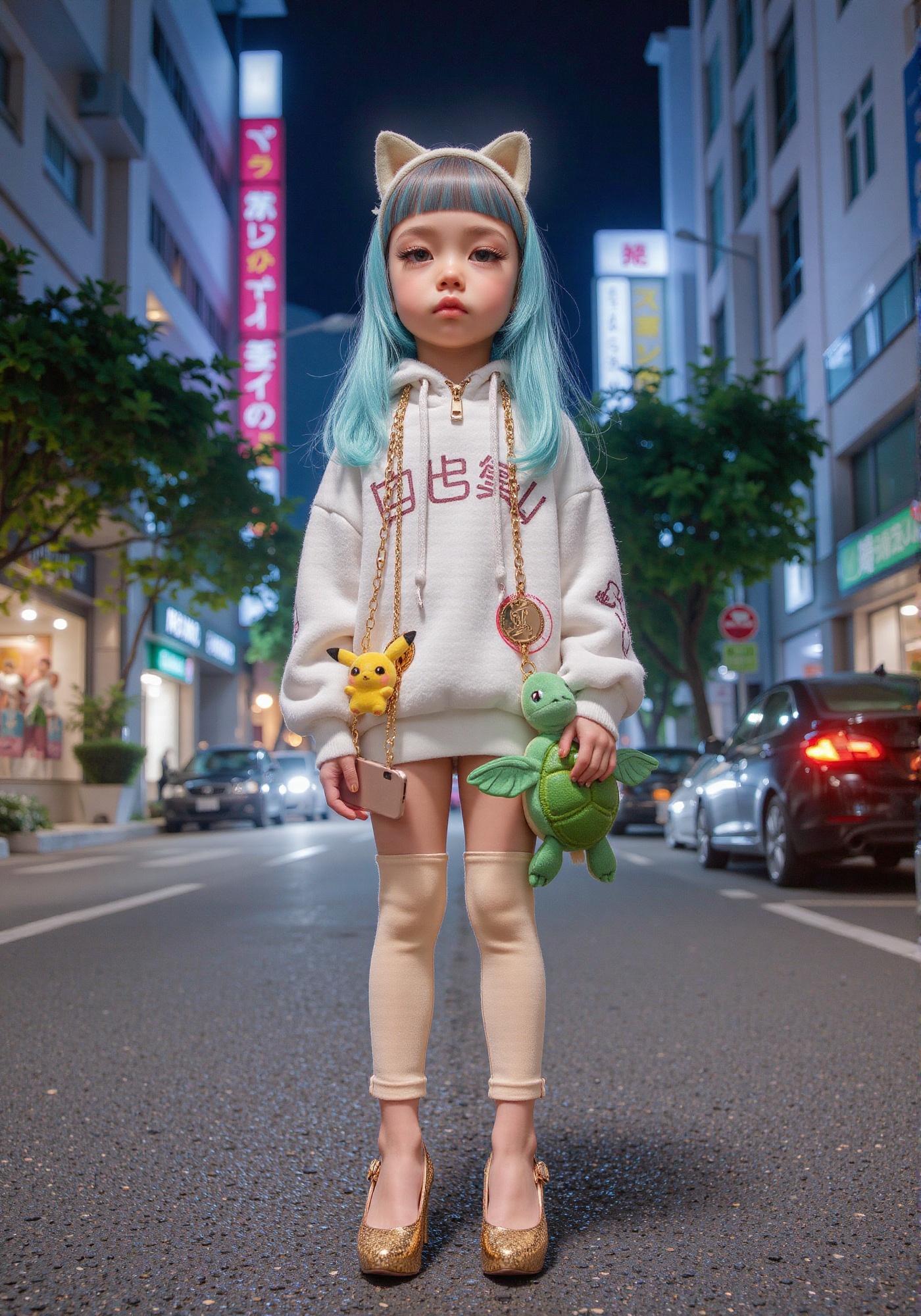 Street fashion photography taken on an urban street in Tokyo at night,  with a 5-year-old model standing in the center of...