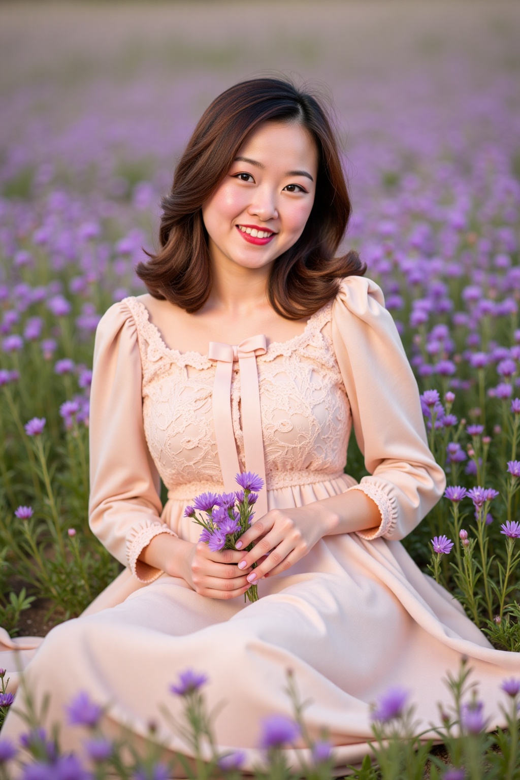Beautiful young woman,  20s,  seated in a field of vibrant purple flowers. Gentle smile on Tensor.Art