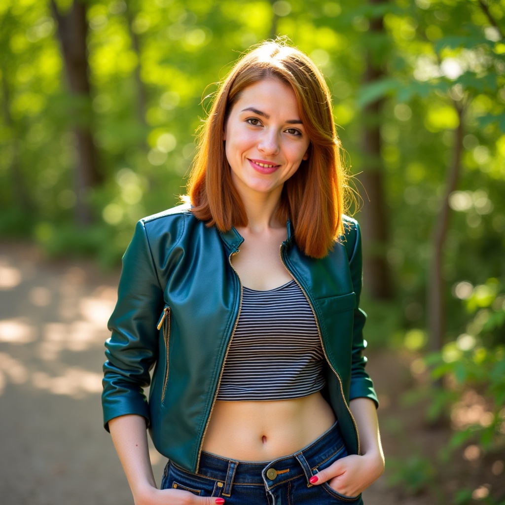 Teenage girl with shoulder-length,  light auburn hair,  posing outdoors. Natural on Tensor.Art