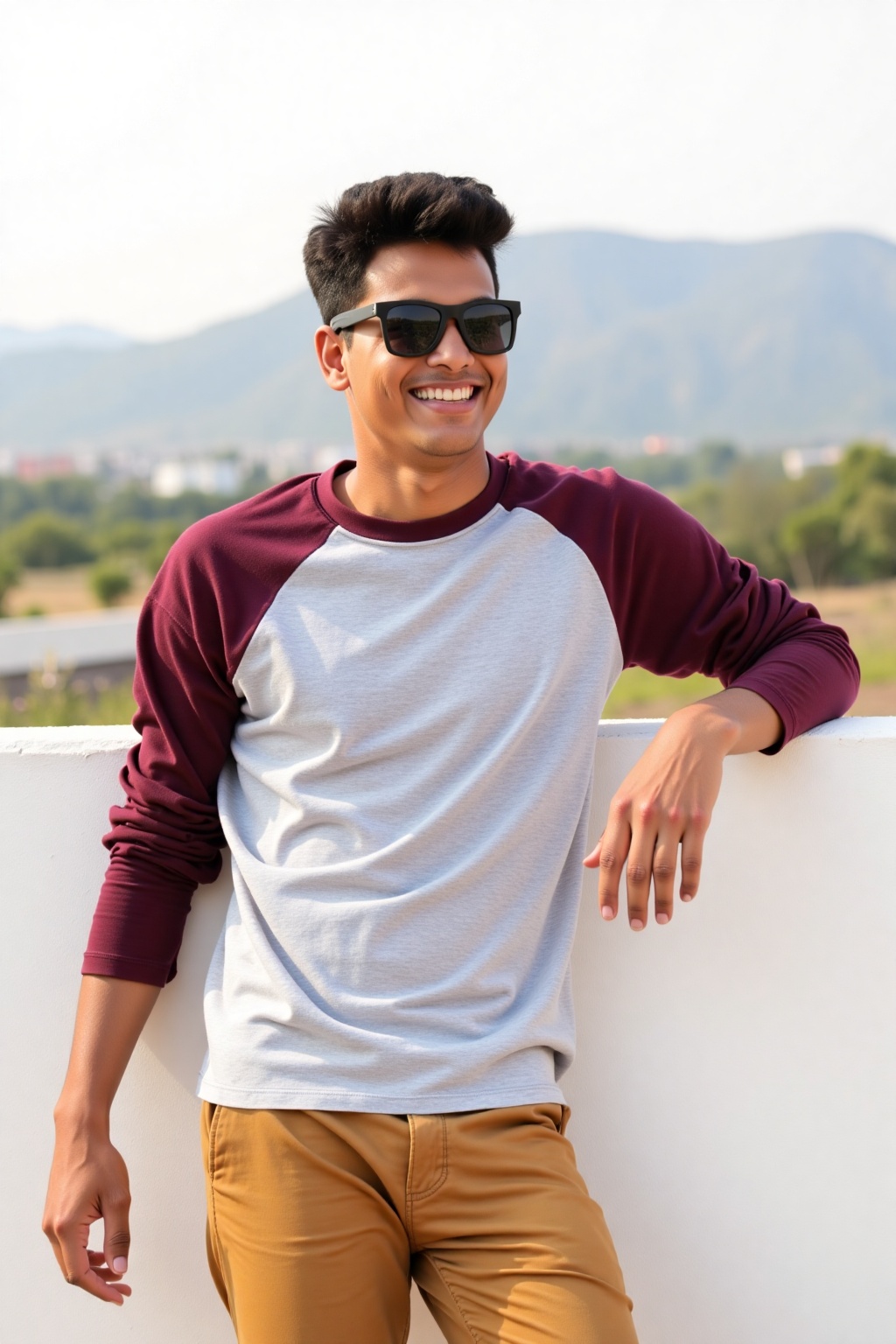Smiling young man,  20-25 years old,  light brown complexion. Leaning casually against a white wall on Tensor.Art