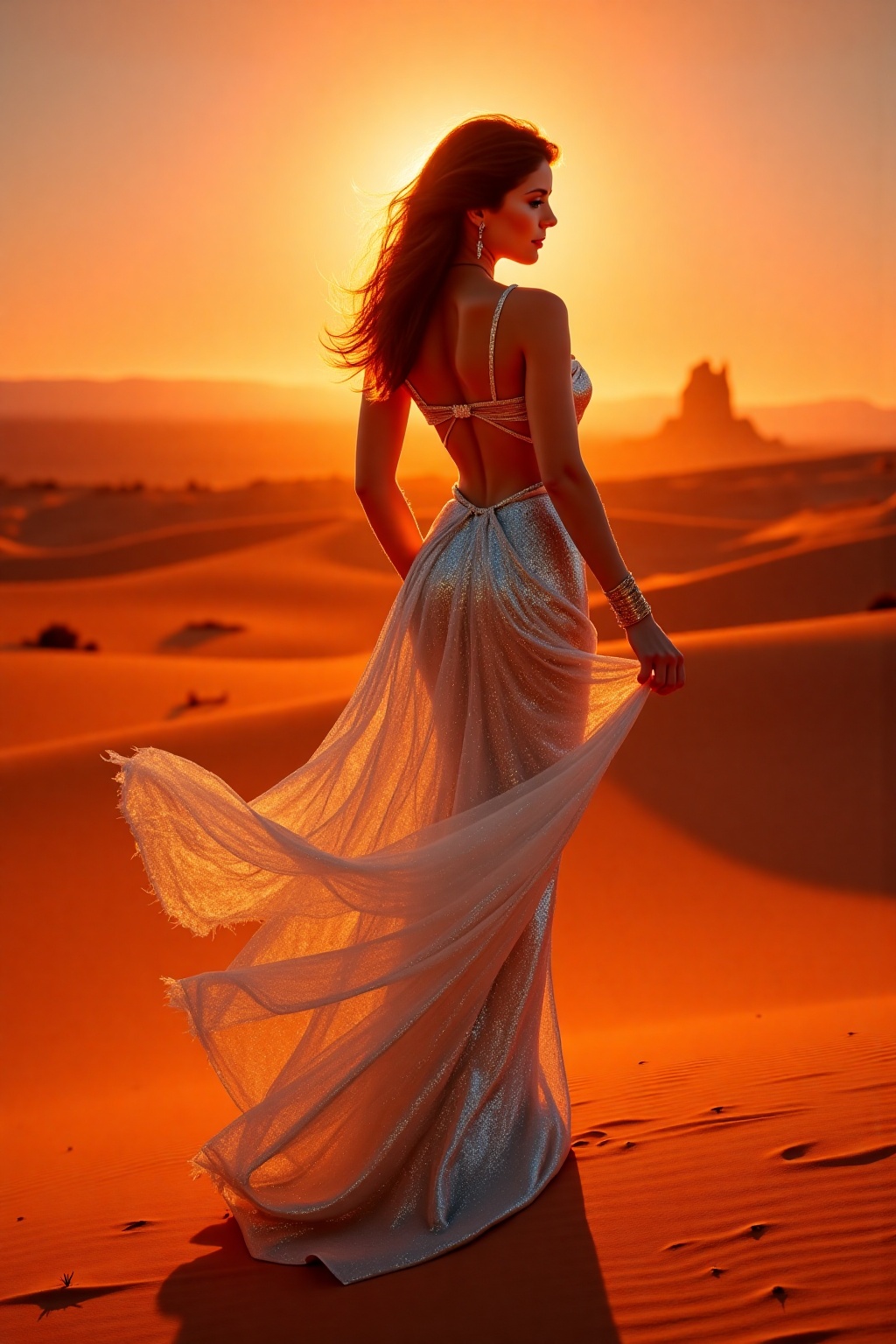 Stunning,  ethereal woman stands gracefully in a vast desert landscape at sunset,  her figure partially transparent like a...