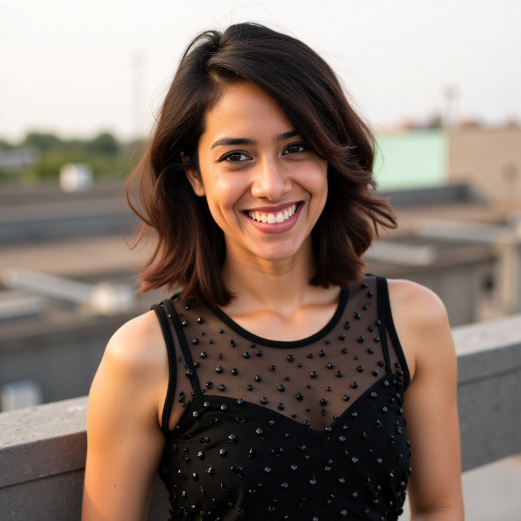 Young woman,  likely in her late teens or early twenties,  with a warm smile. She is of South Asian ethnicity. She is wear...