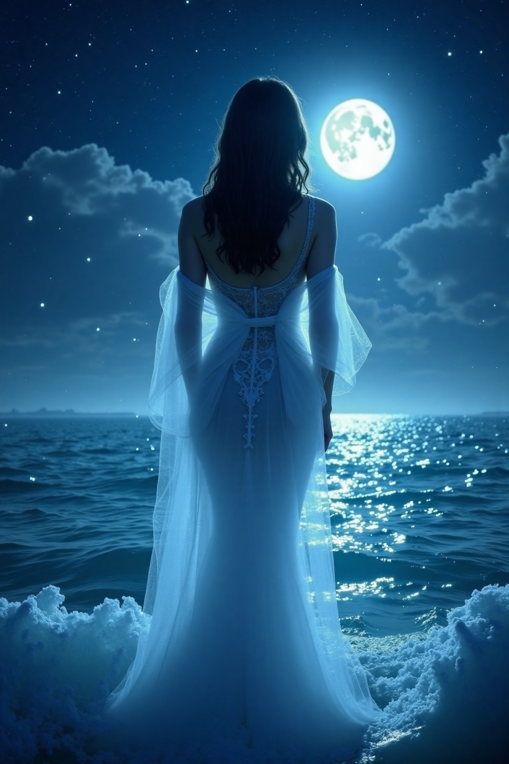 Breathtaking woman with long,  dark hair and a flowing gown made of mist stands amidst rolling waves on an endless ocean u...