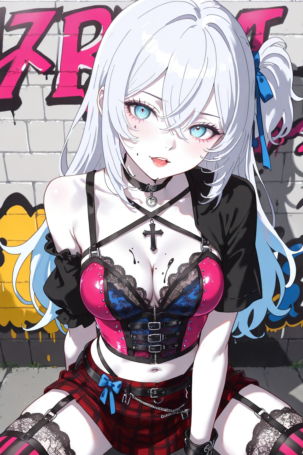 Pale silver hair (blue eyes),  open lips,  white skin like an anime girl. Red and black outfit on Tensor.Art