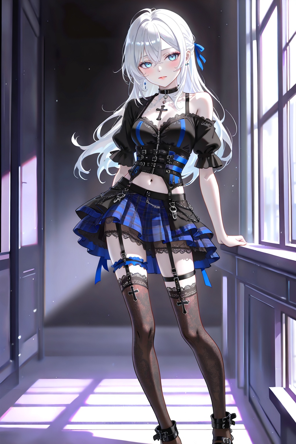 Pale silver hair,  blue eyes like an anime girl,  white skin. Red and black outfit on Tensor.Art