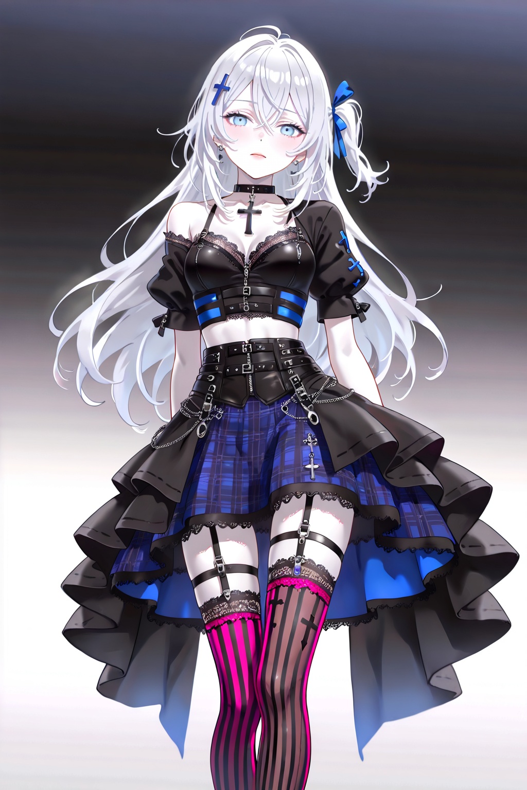 Pale silver hair,  blue eyes like an anime girl,  white skin. Red and black outfit on Tensor.Art