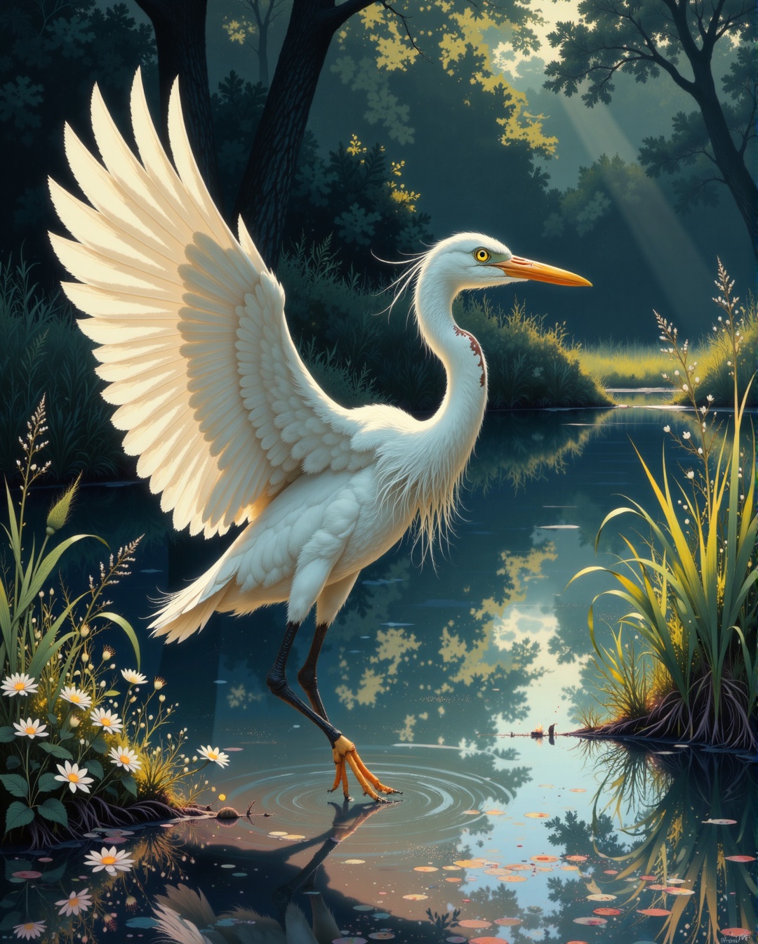 a white heron,  standing in the shallow waters of a swamp,  as he takes flight on Tensor.Art
