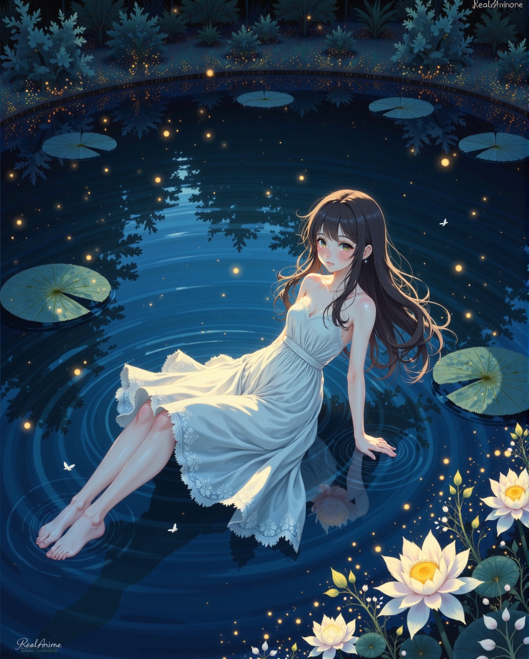 Anime-style 2D digital illustration of a girl wearing a flowing dress,  floating on the surface of a tranquil pond at nigh...