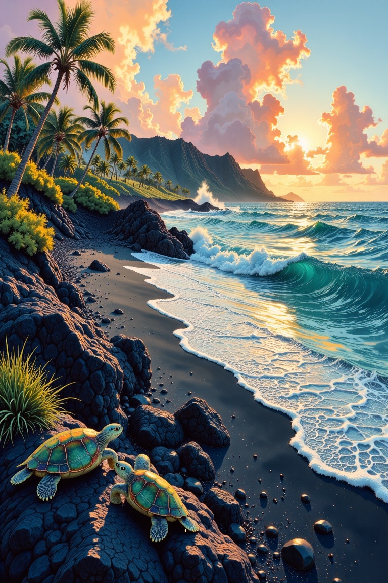 masterful oil painting on canvas,  capturing the breathtaking beauty of the punalu'u black sand beach on hawaii,  dramatic...