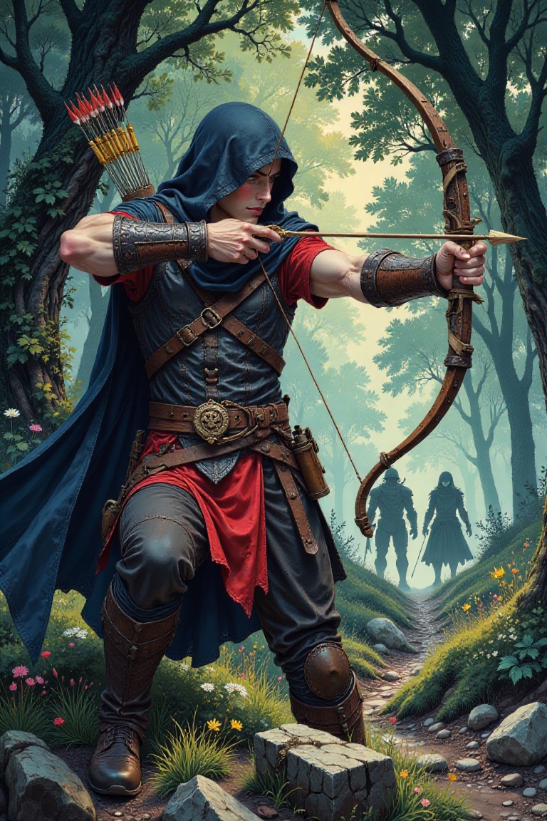 an archer in a dynamic pose. The archer,  wearing a hooded cloak,  is positioned in the center on Tensor.Art