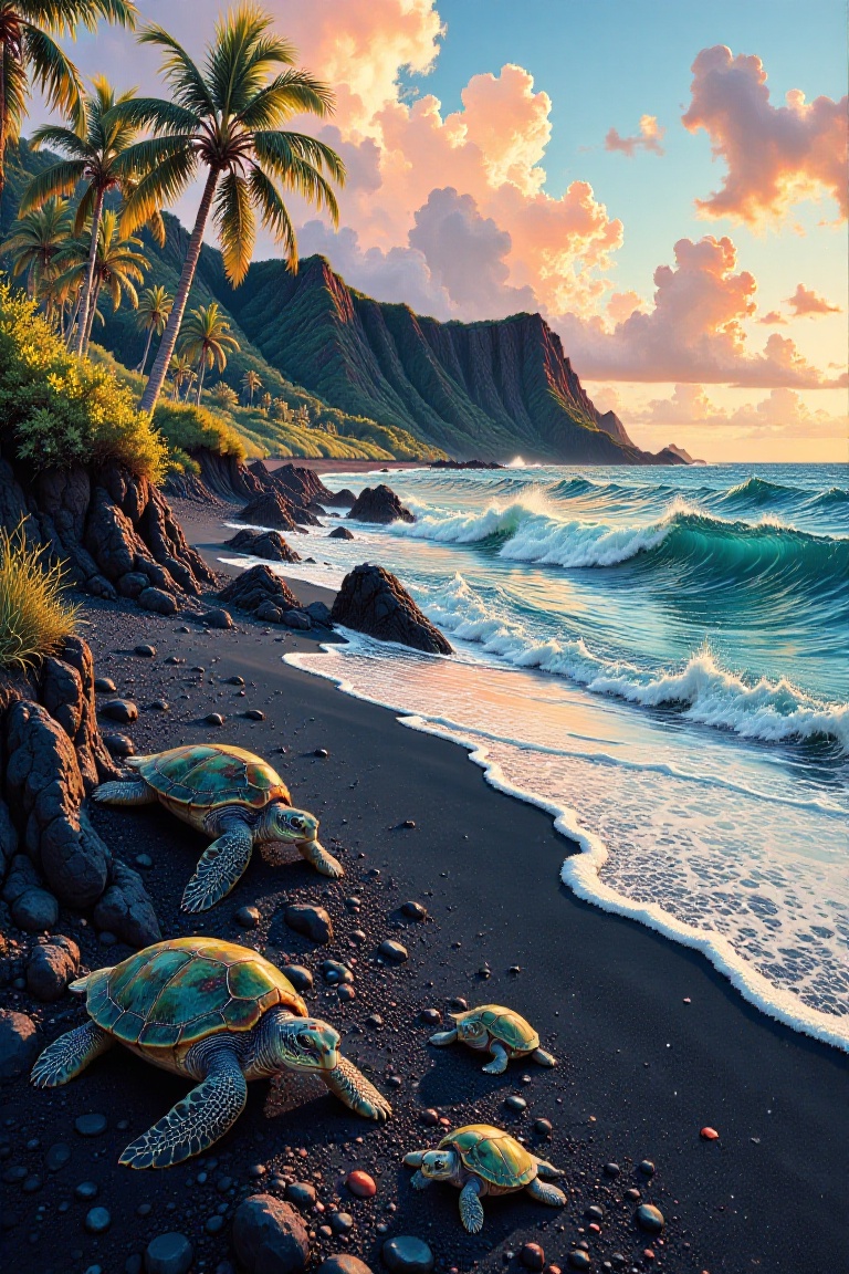 masterful oil painting on canvas,  capturing the breathtaking beauty of the punalu'u black sand beach on hawaii,  dramatic...
