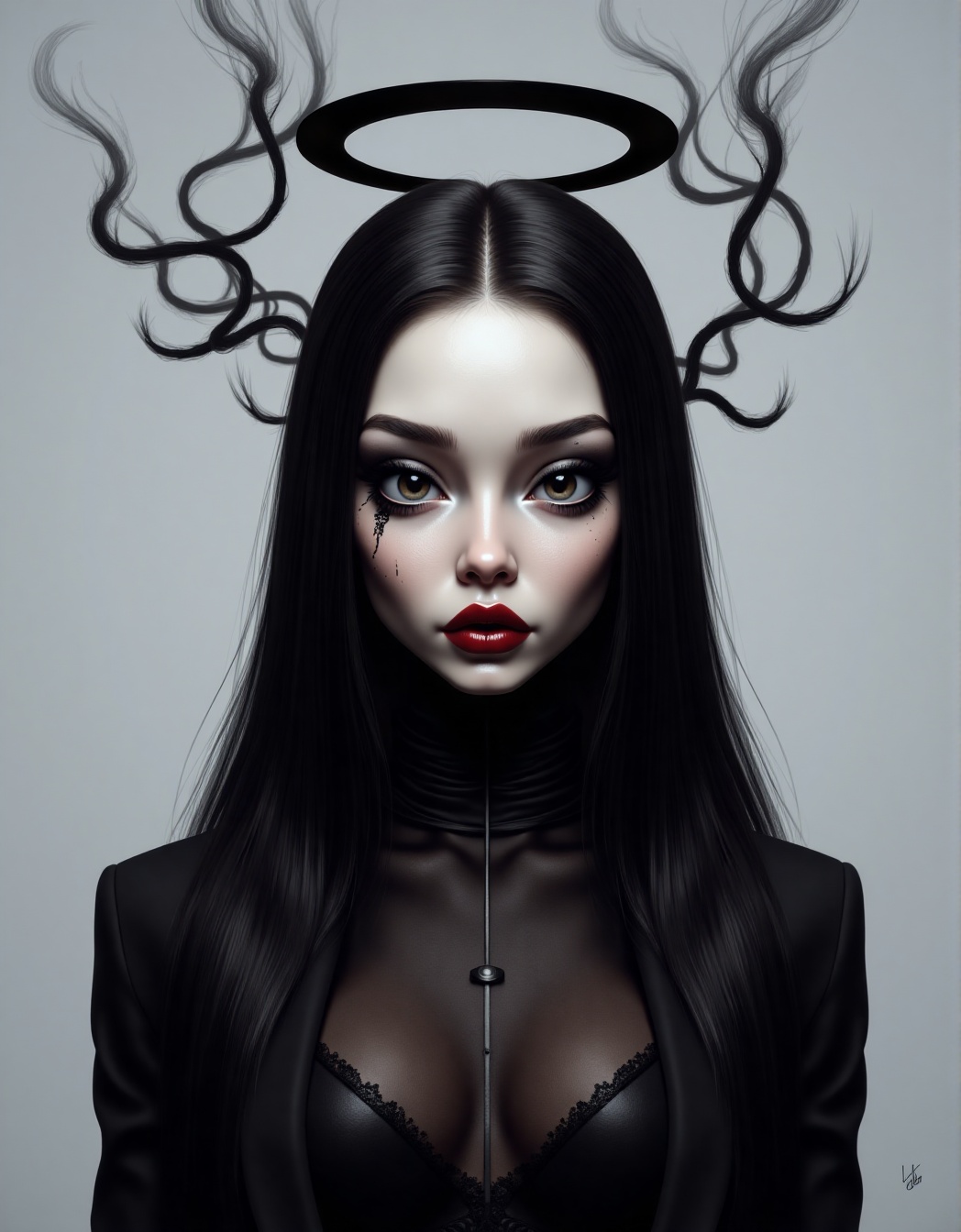 This is a highly stylized digital artwork featuring a young woman with an ethereal and haunting appearance. The subject ha...