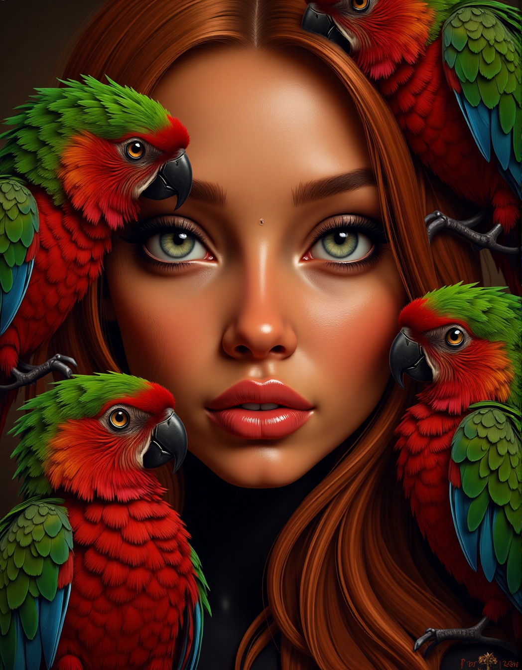 The artwork features a close-up view of a woman with long,  deep auburn hair partially covering her face. She has warm,  s...