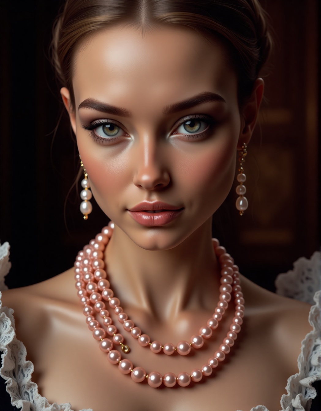 Close-up portrait,  beautiful Elizabethan woman,  large pink pearl necklace on Tensor.Art