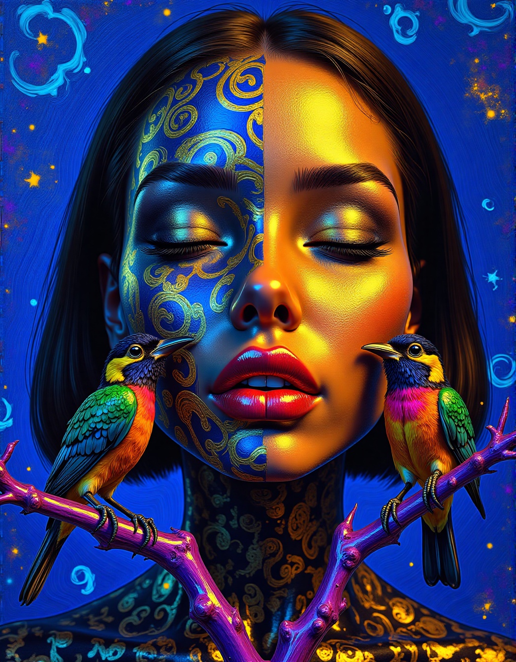 ) and ))) A surreal close-up of a woman’s face,  her eyes closed,  lips slightly parted on Tensor.Art