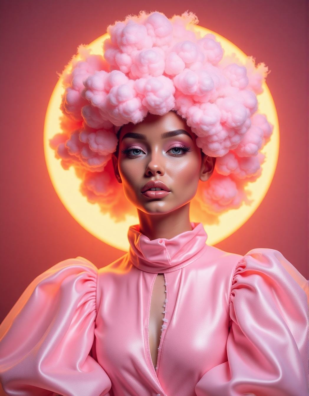 A striking portrait of a woman with an extravagant,  oversized pastel pink cotton candy-like hairstyle,  voluminous and so...