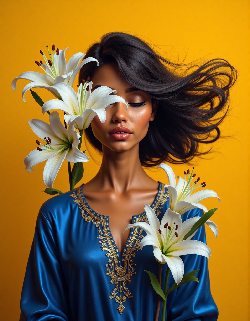 This vibrant digital illustration features a young Indian woman with warm,  golden-brown skin,  her body perfectly proport...