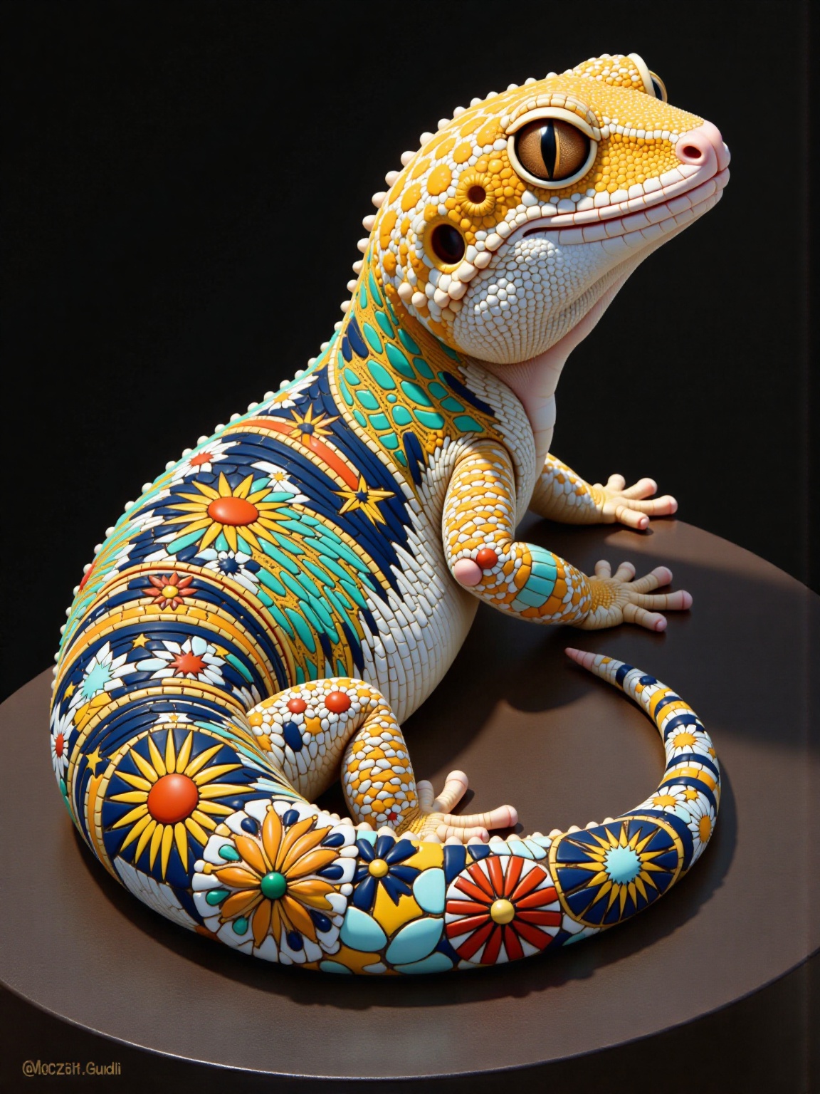 masterpiece art Exotic zellij-inspired patterns on a gecko's skin,  showcasing the reptile's unique textures with a touch...