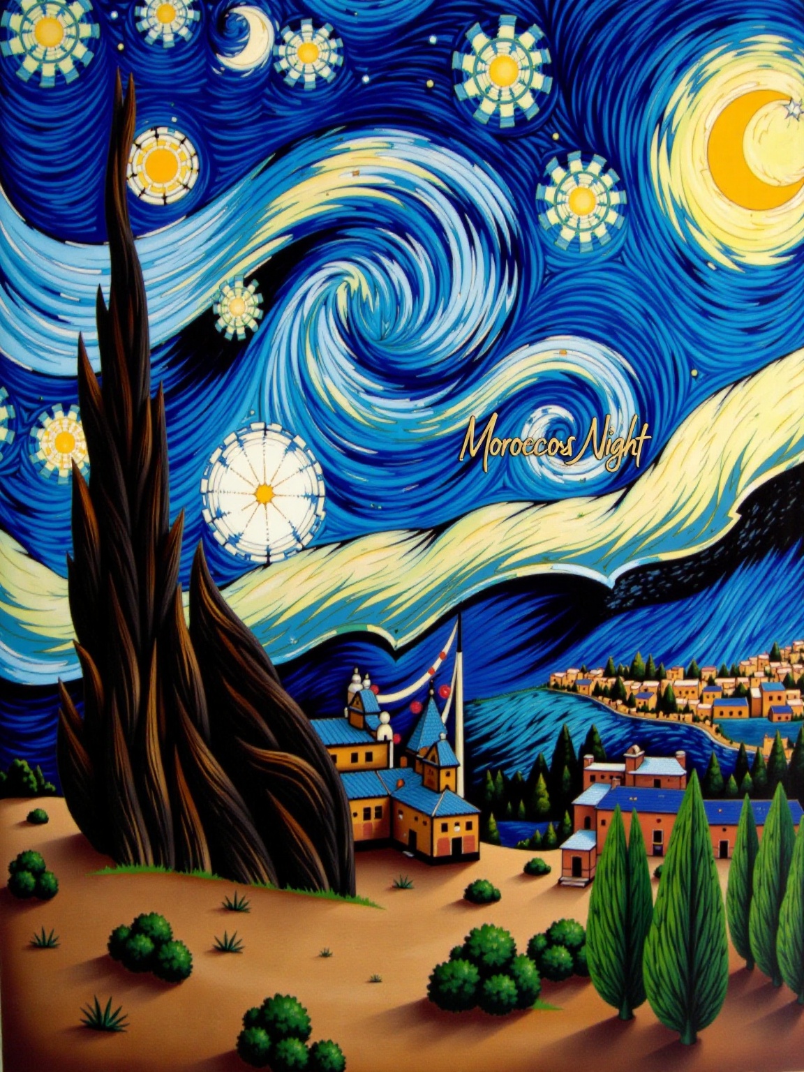 A Moroccan take on Vincent van Gogh’s Starry Night,  with a skyline of traditional Moroccan architecture. The swirling nig...