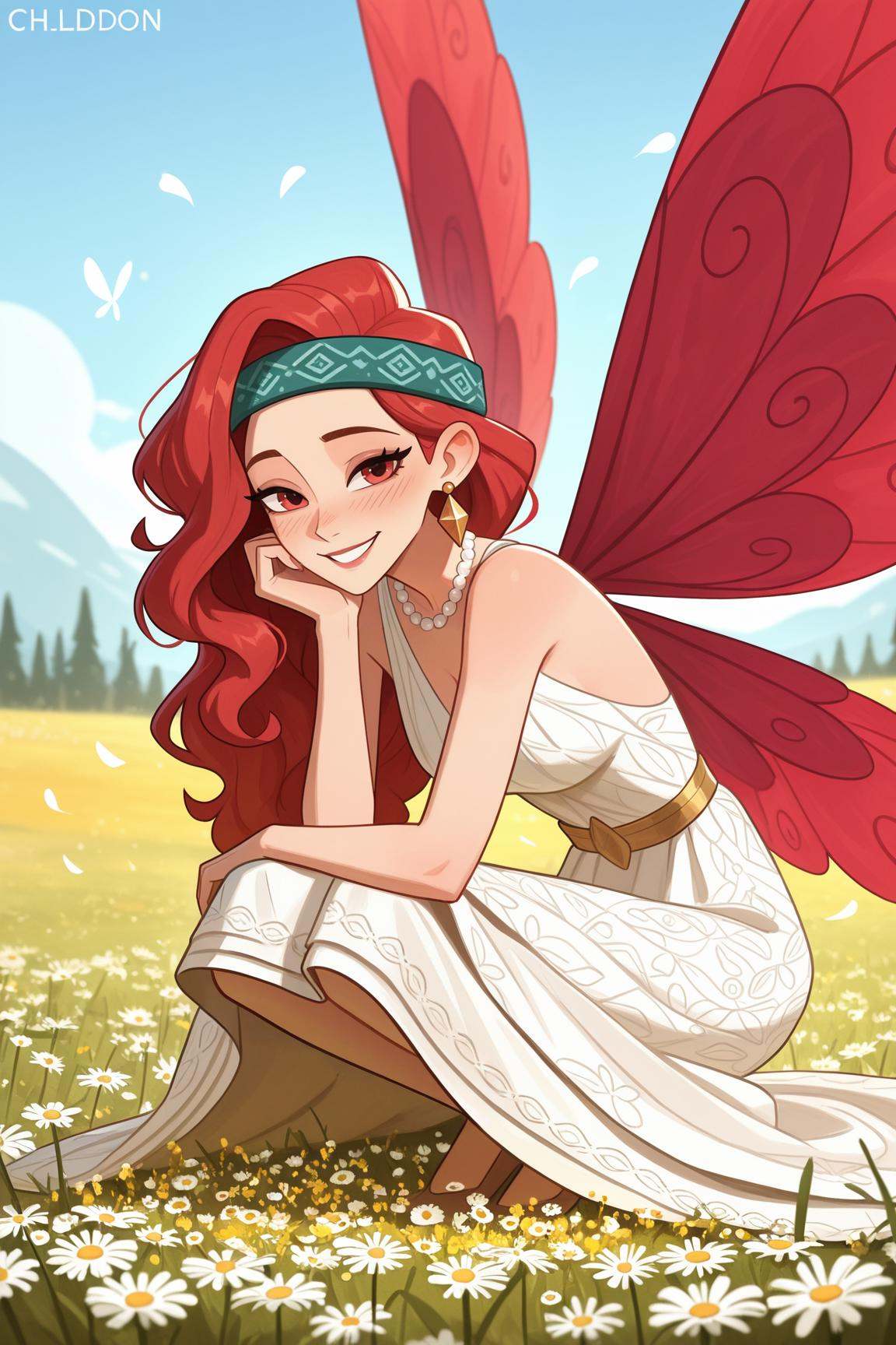 Woman is a fairy and wears luxurious dress,  pearl necklace,  golden earrings with ruby. She has big chamomile petals-shap...
