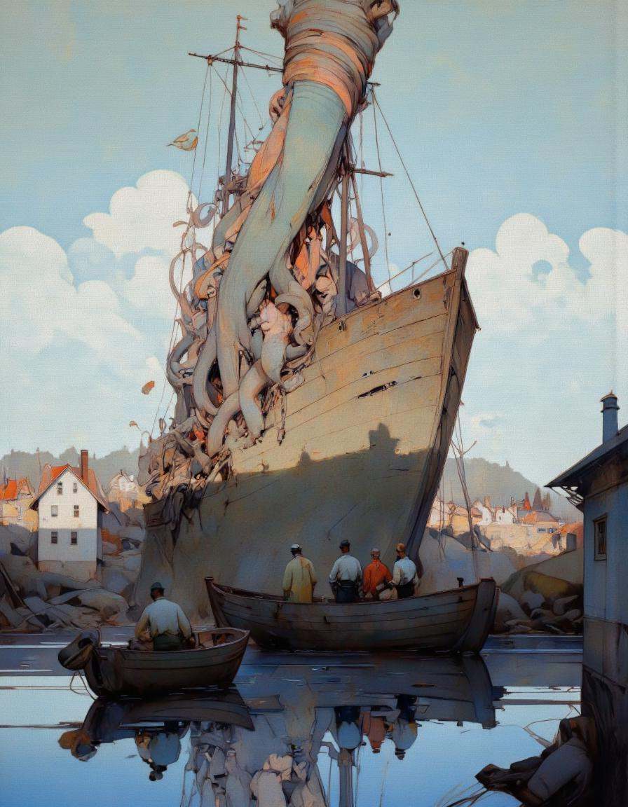 Steve McDonald Art. This image is a digital painting with a surreal,  whimsical style. It depicts a harbor scene with an o...