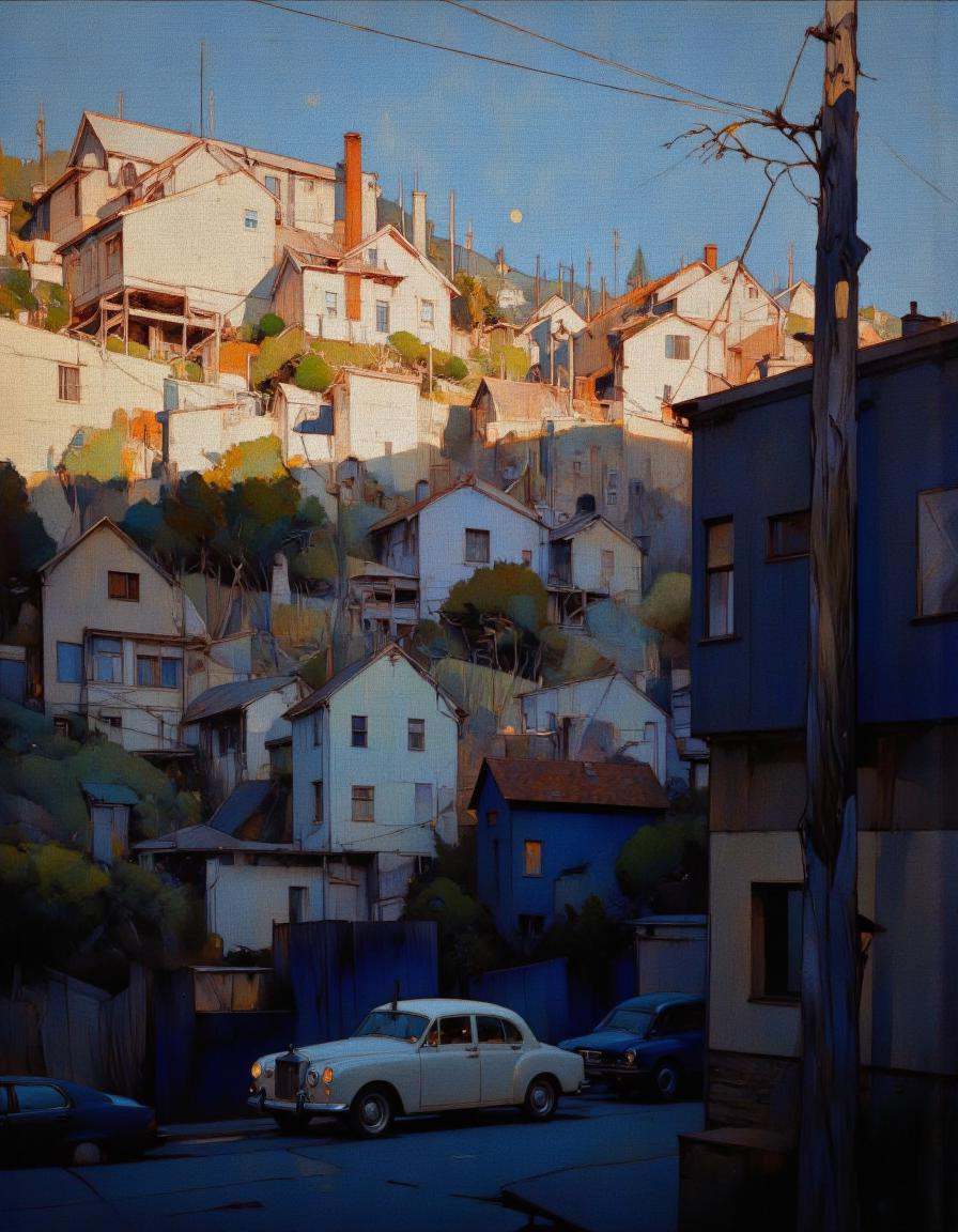 Steve McDonald Art. This image is a digital painting with a stylized,  geometric approach,  featuring an urban landscape b...