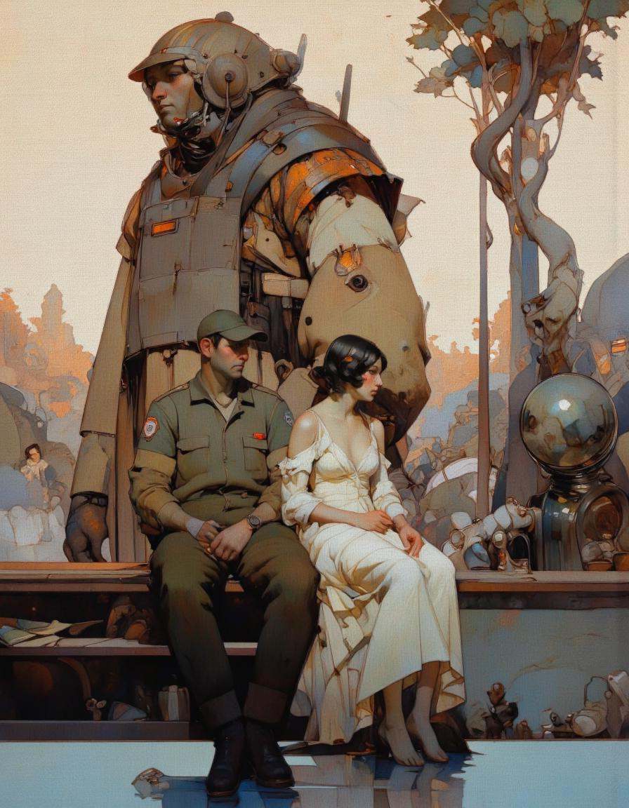 Steve McDonald Art. This is a digital painting with a surreal,  futuristic style. The scene depicts a man and a woman sitt...
