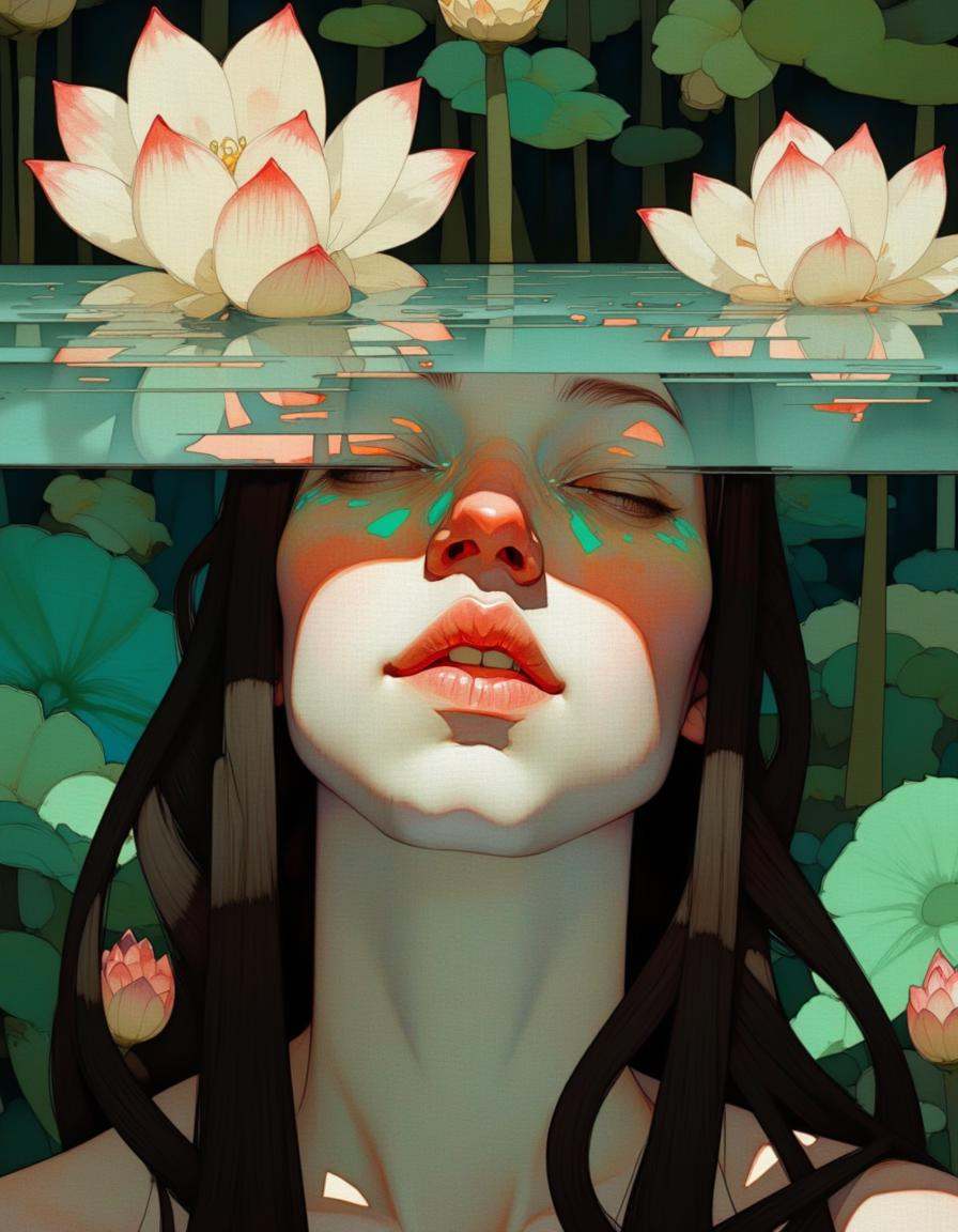 Steve McDonald Art. This is a digital painting in a surrealistic style,  featuring a close-up of a young woman's face. The...