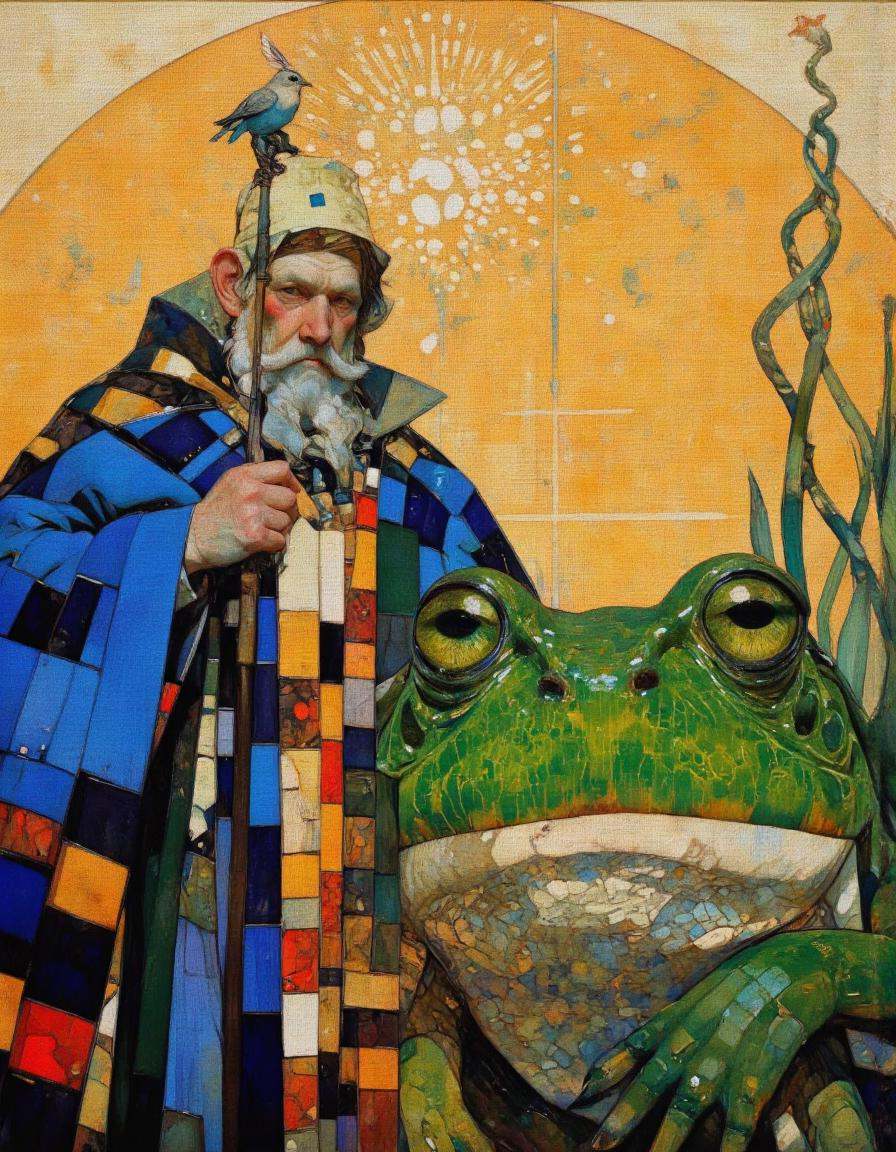 Steve McDonald Art. This is a digital painting featuring a fantastical scene with a hermit and a giant frog. The hermit,...
