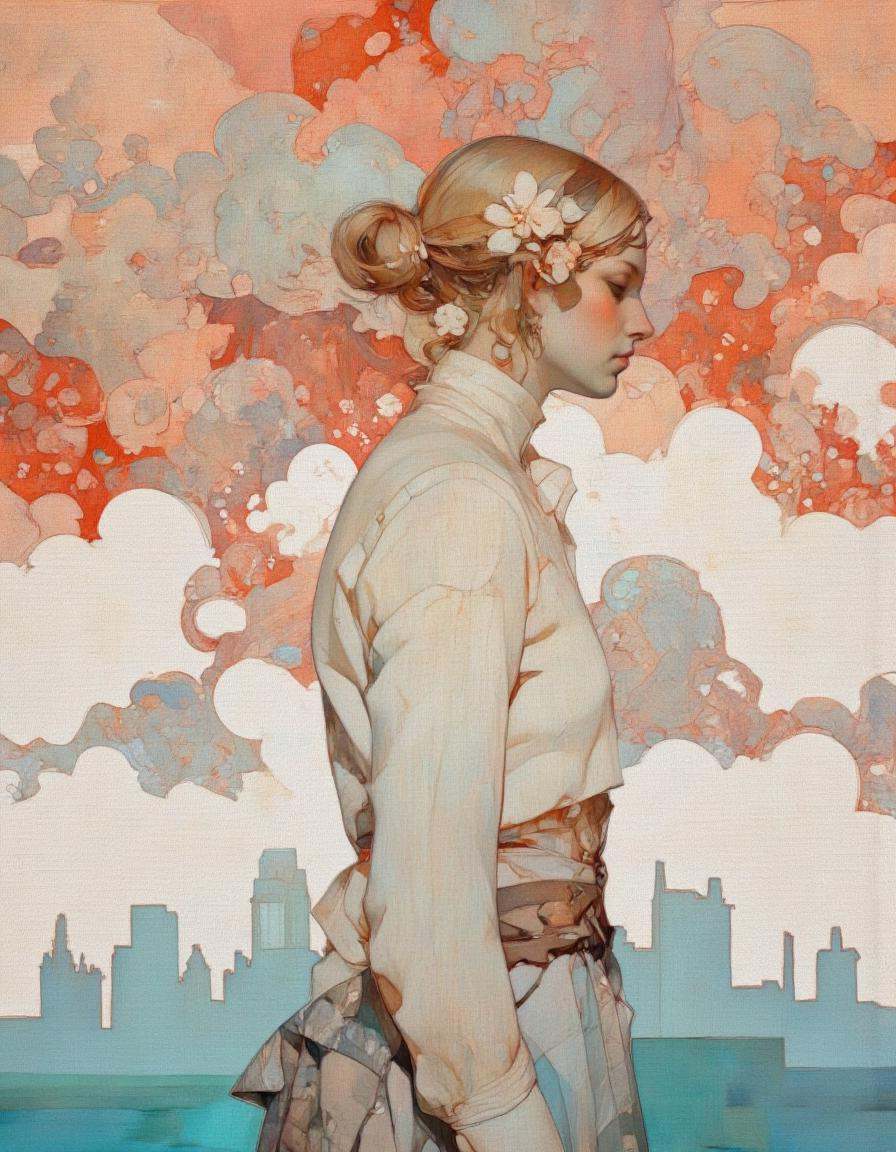 Steve McDonald Art. This image is a digital artwork depicting a serene,  young woman in profile. Her skin is pale,  and sh...