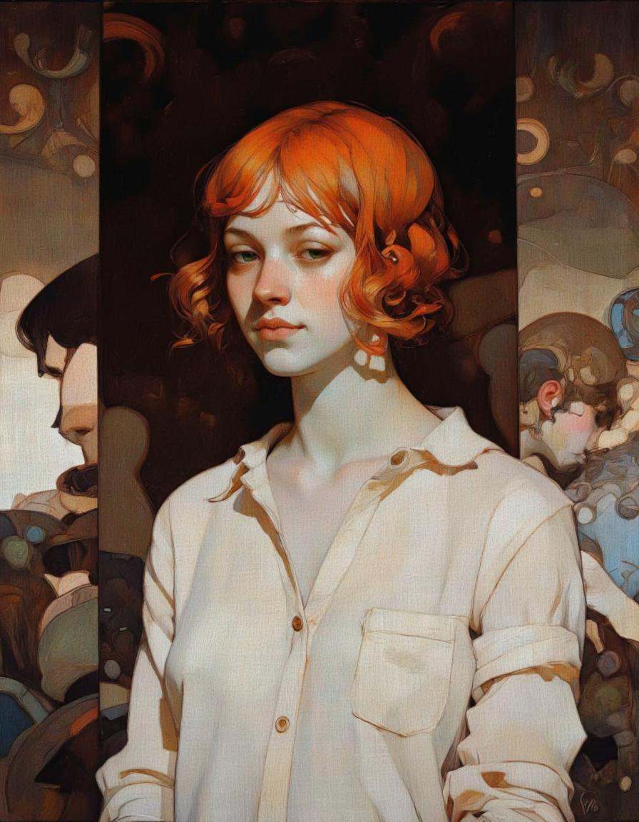 Steve McDonald Art. This image is a digital painting in a realistic style,  depicting a young woman with striking,  bright...