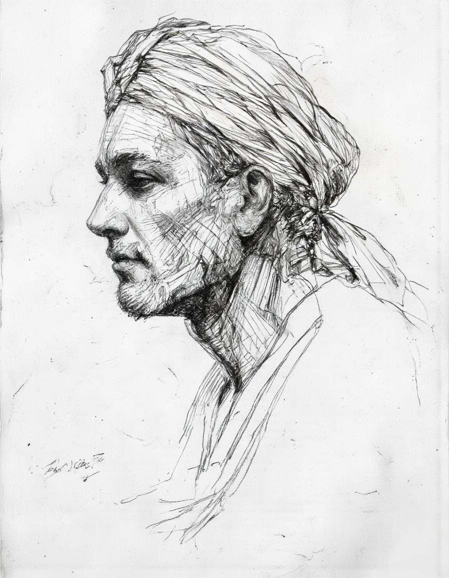 This is a highly detailed,  monochromatic pencil drawing of an elderly man's profile,  captured in a realistic style on cr...