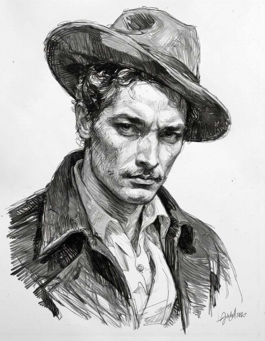 This is a highly detailed,  black-and-white drawing of a man,  rendered in a semi-realistic on Tensor.Art