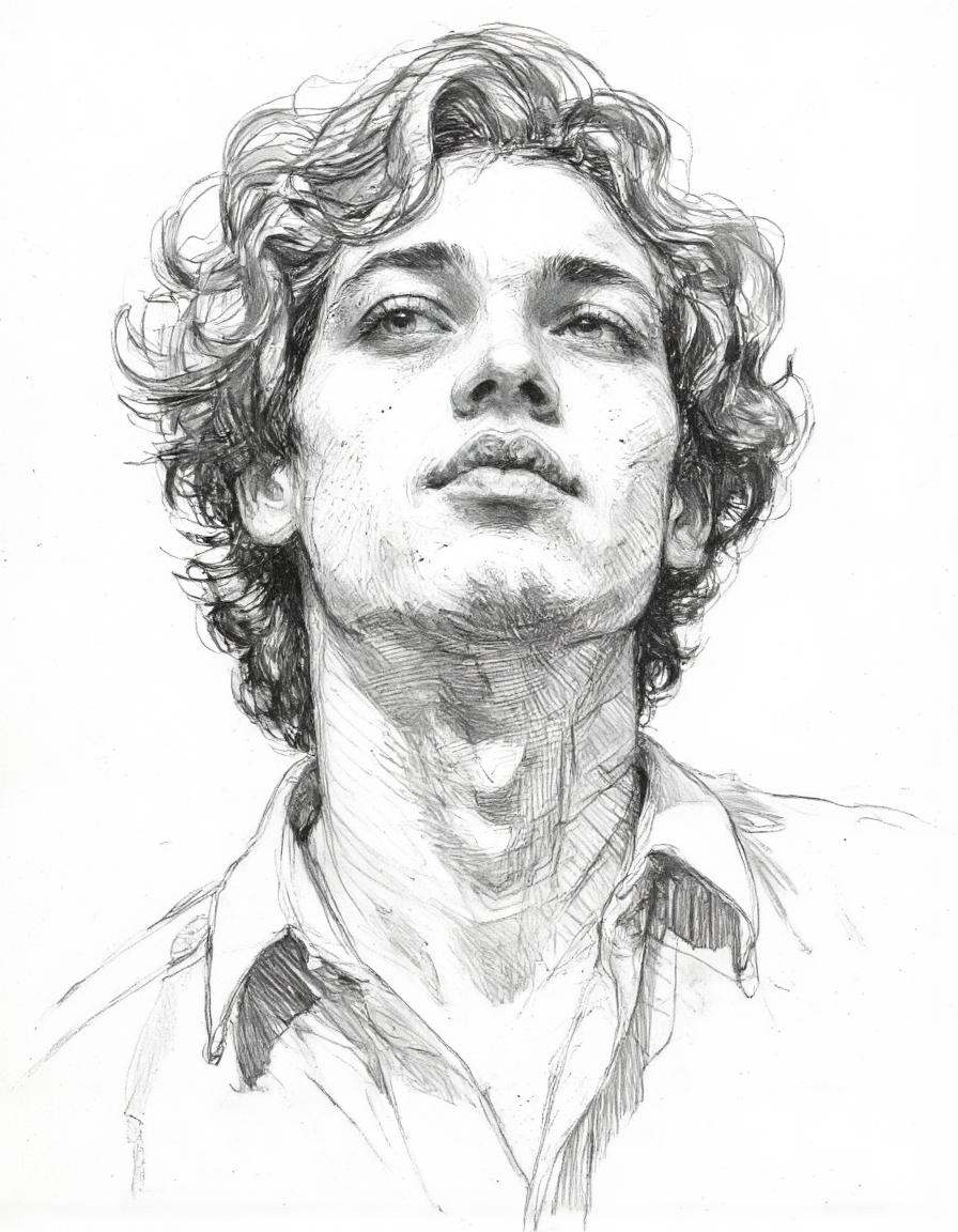 This is a highly detailed pencil drawing of a young man with a contemplative expression. The artwork is rendered in a real...