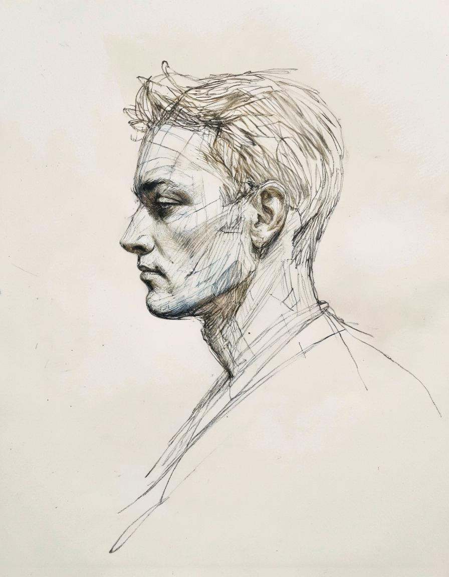 This is a detailed pencil drawing of a man's head and neck in profile,  rendered in a realistic style on Parchment paper....