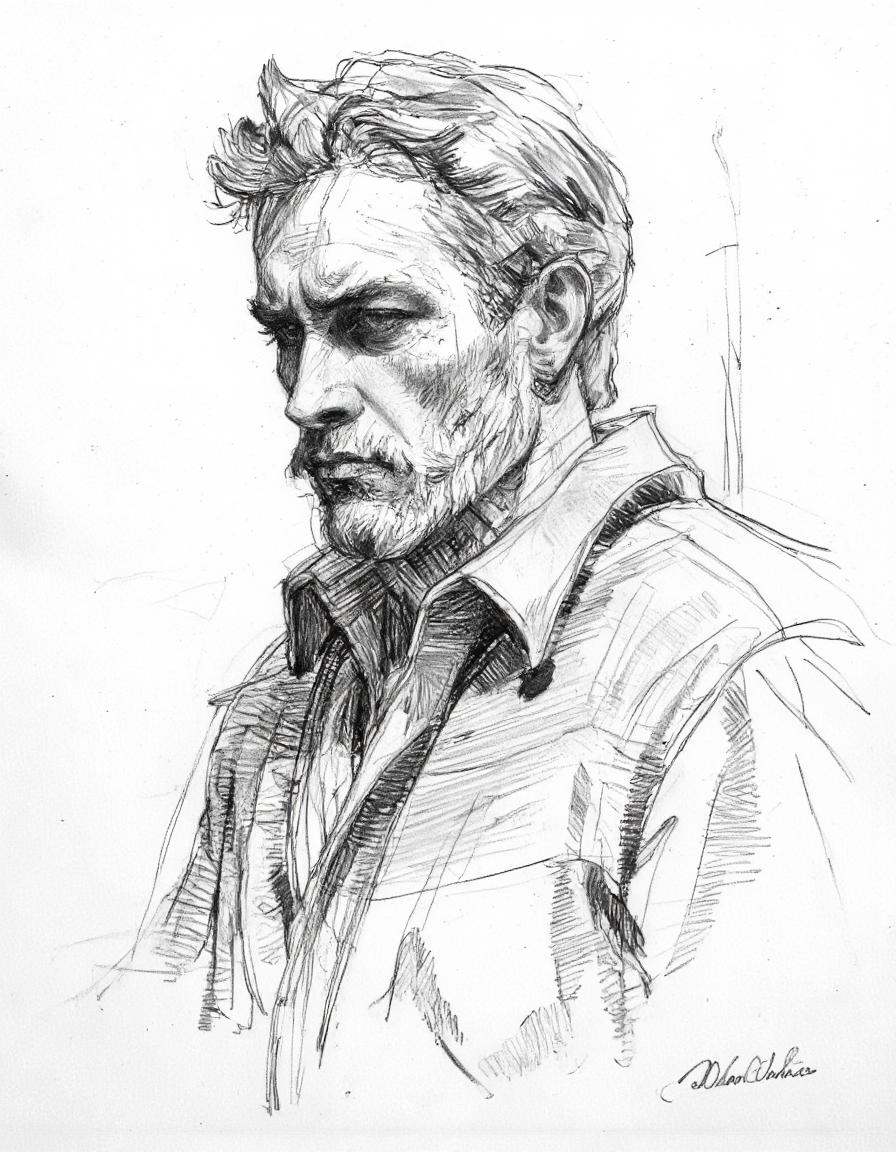 This image is a black and white pencil drawing of a man's head and shoulders,  rendered in a realistic,  detailed style. T...