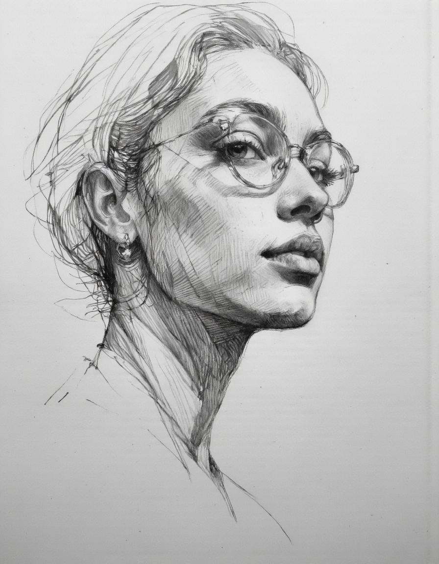 This is a highly detailed,  monochromatic pencil drawing of a woman's profile,  captured in a realistic style on oiled pap...
